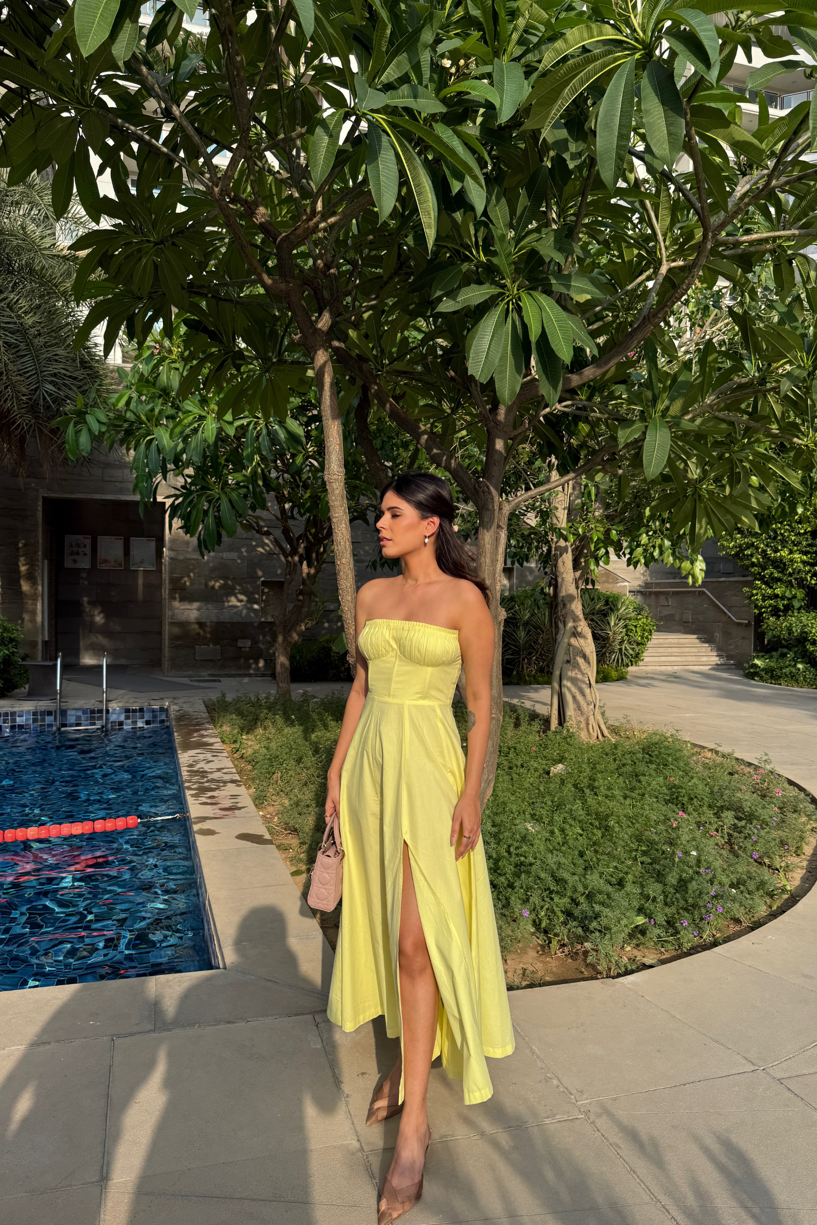 Positano Lemon Yellow Strapless Midi Dress with Corset Jacket