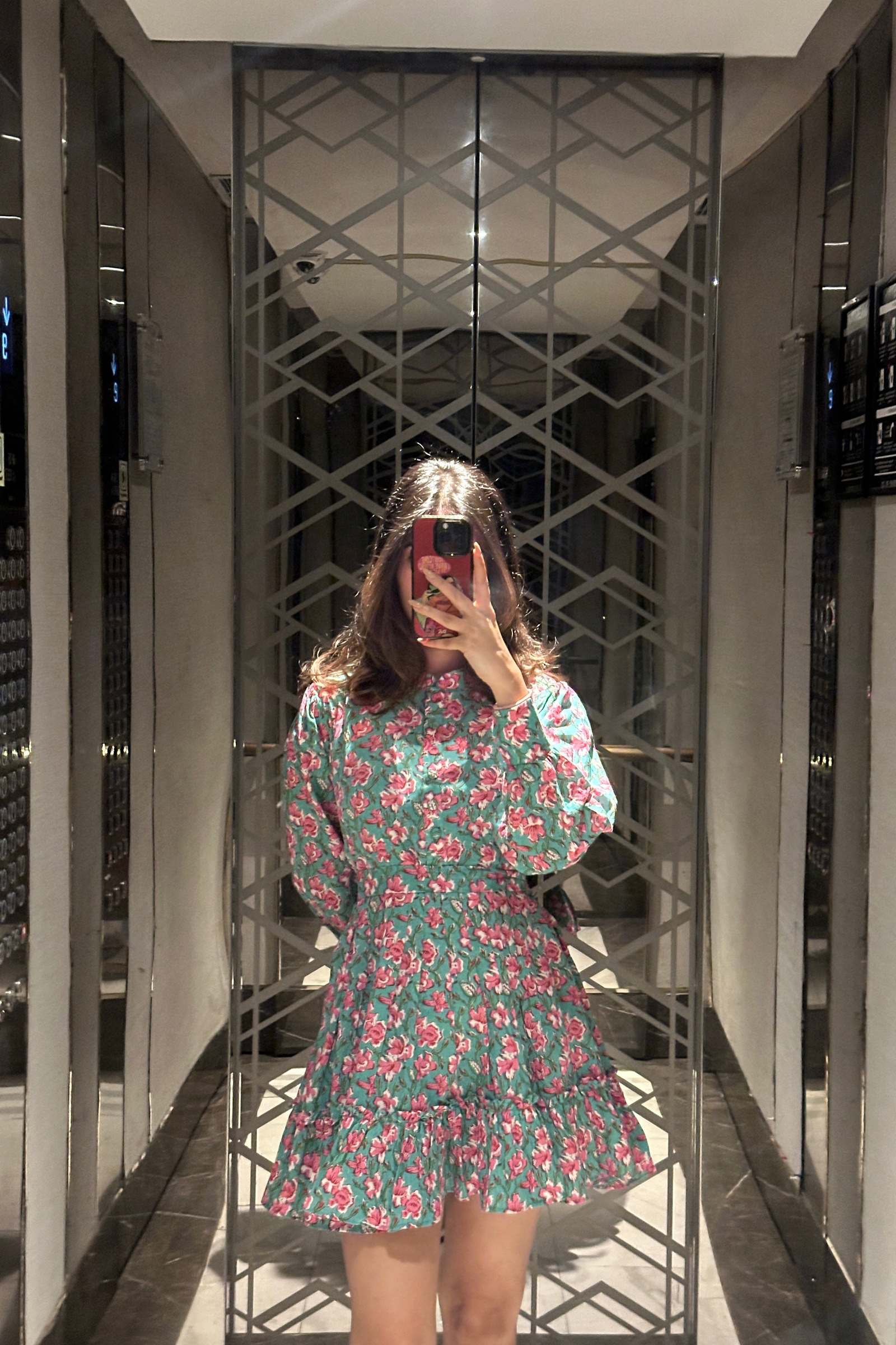 Ariel Green & Pink Printed Cotton Collared Dress