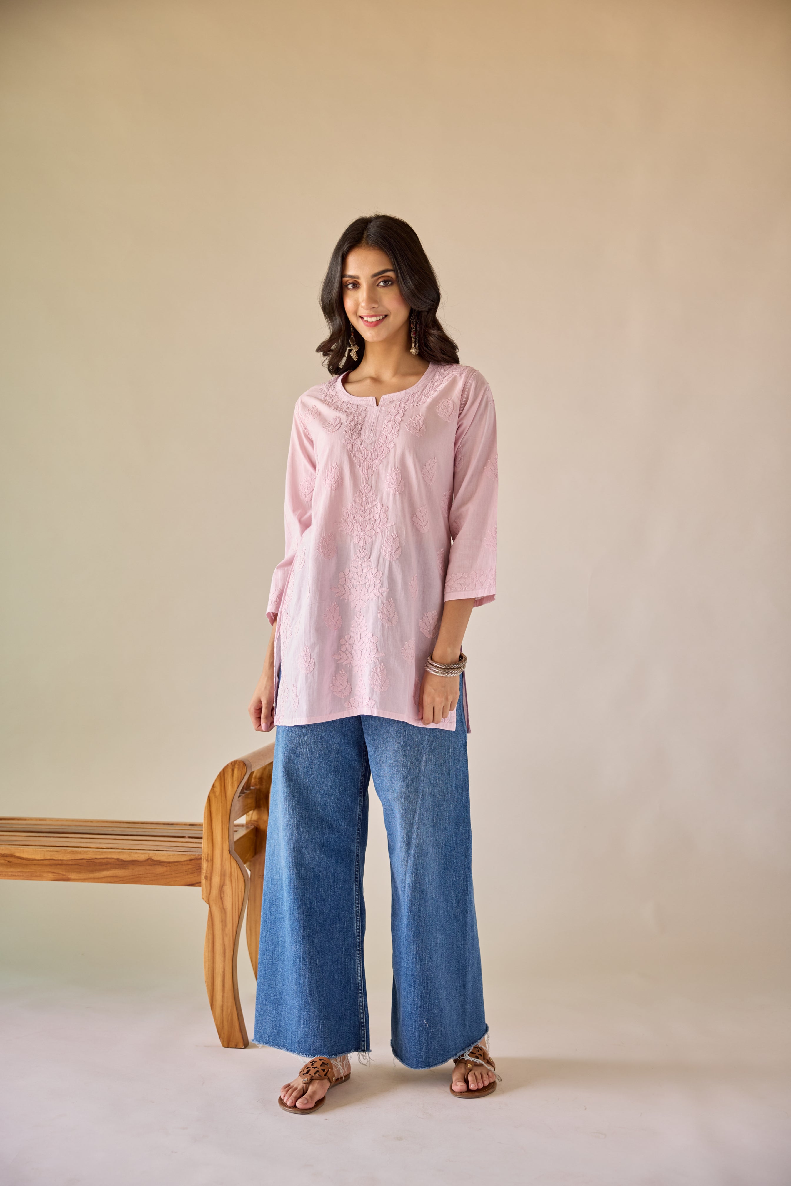 Ekta Pink Cotton Hand Embroidered Short Chikankari Kurti