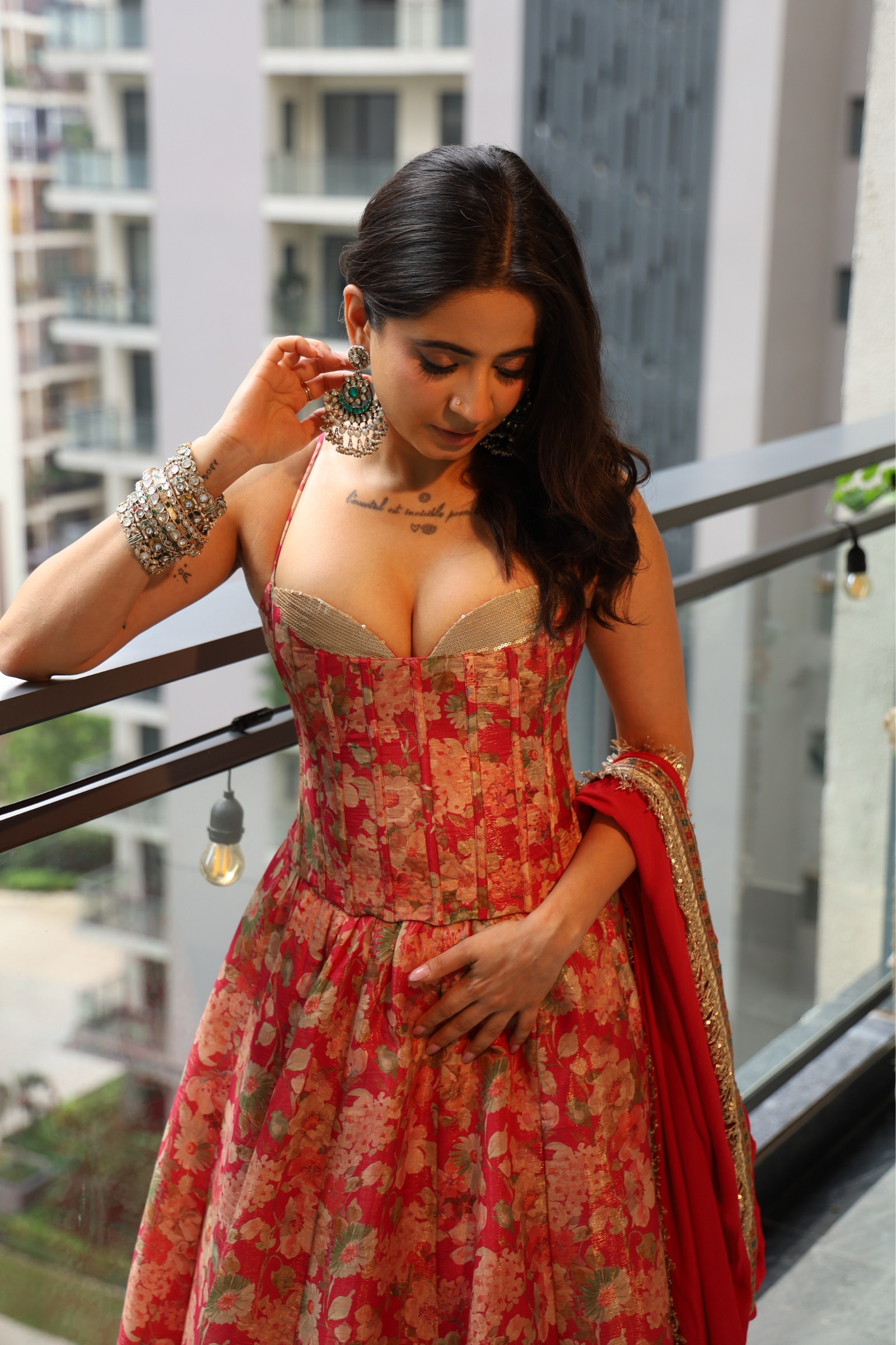 Roze Pink & Champagne Sequinned Corset Tissue Lehenga Set