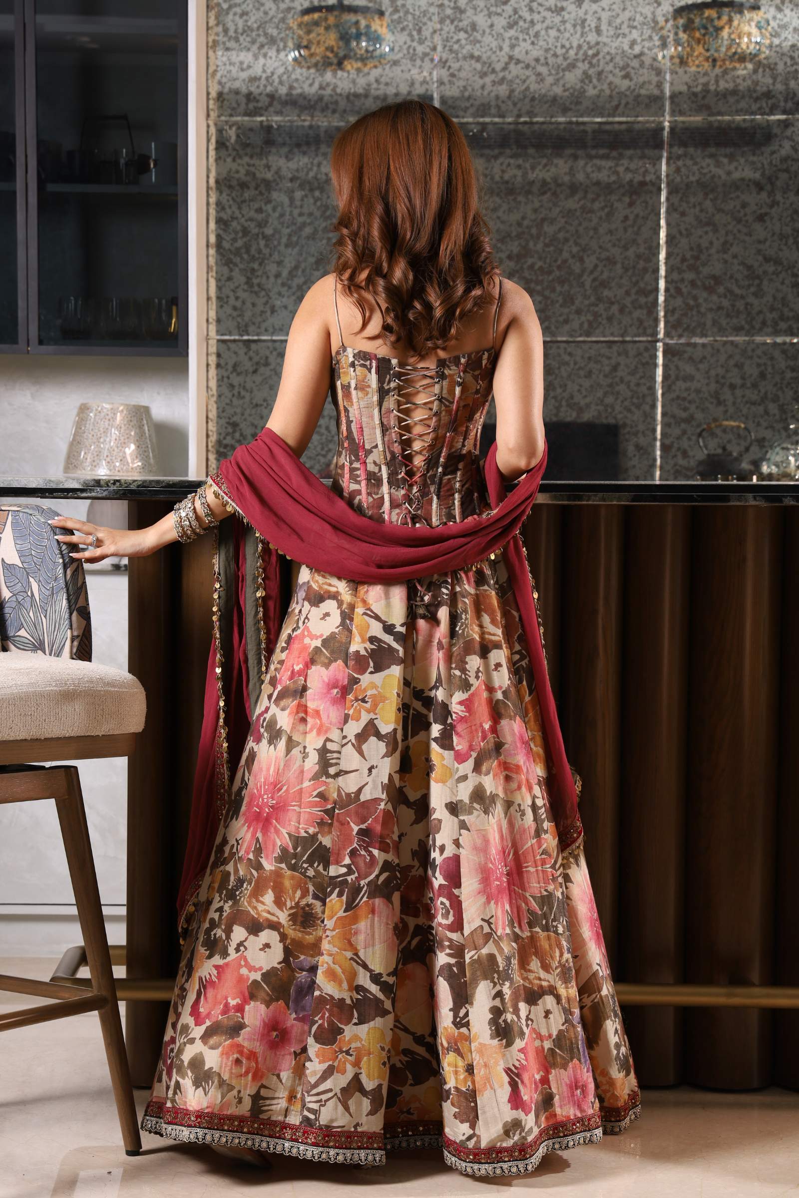 Maha Beige & Maroon Sequinned Corset Tissue Lehenga Set
