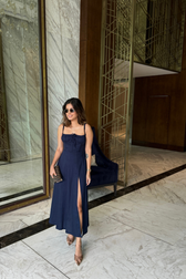 Navy blue vines printed sundress with ruffle detail / s