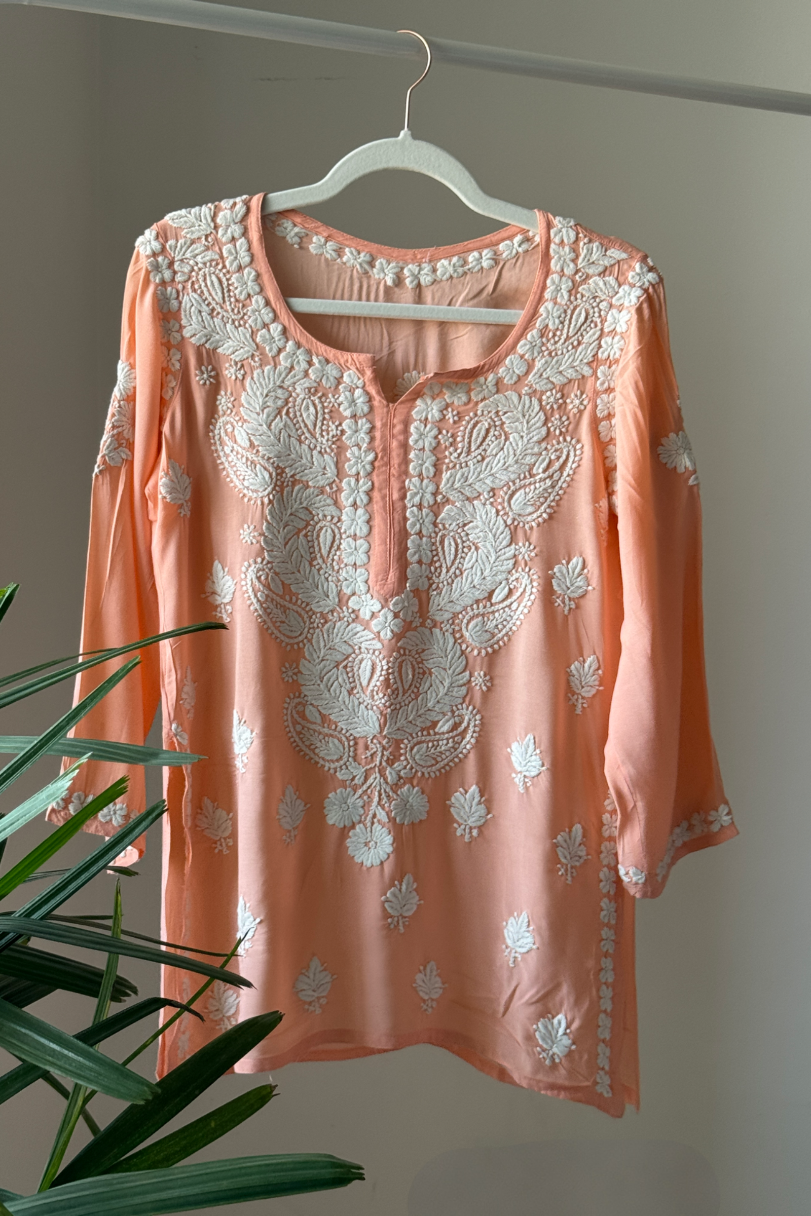 Fareedan Peach Modal Hand Embroidered Short Chikankari Kurti