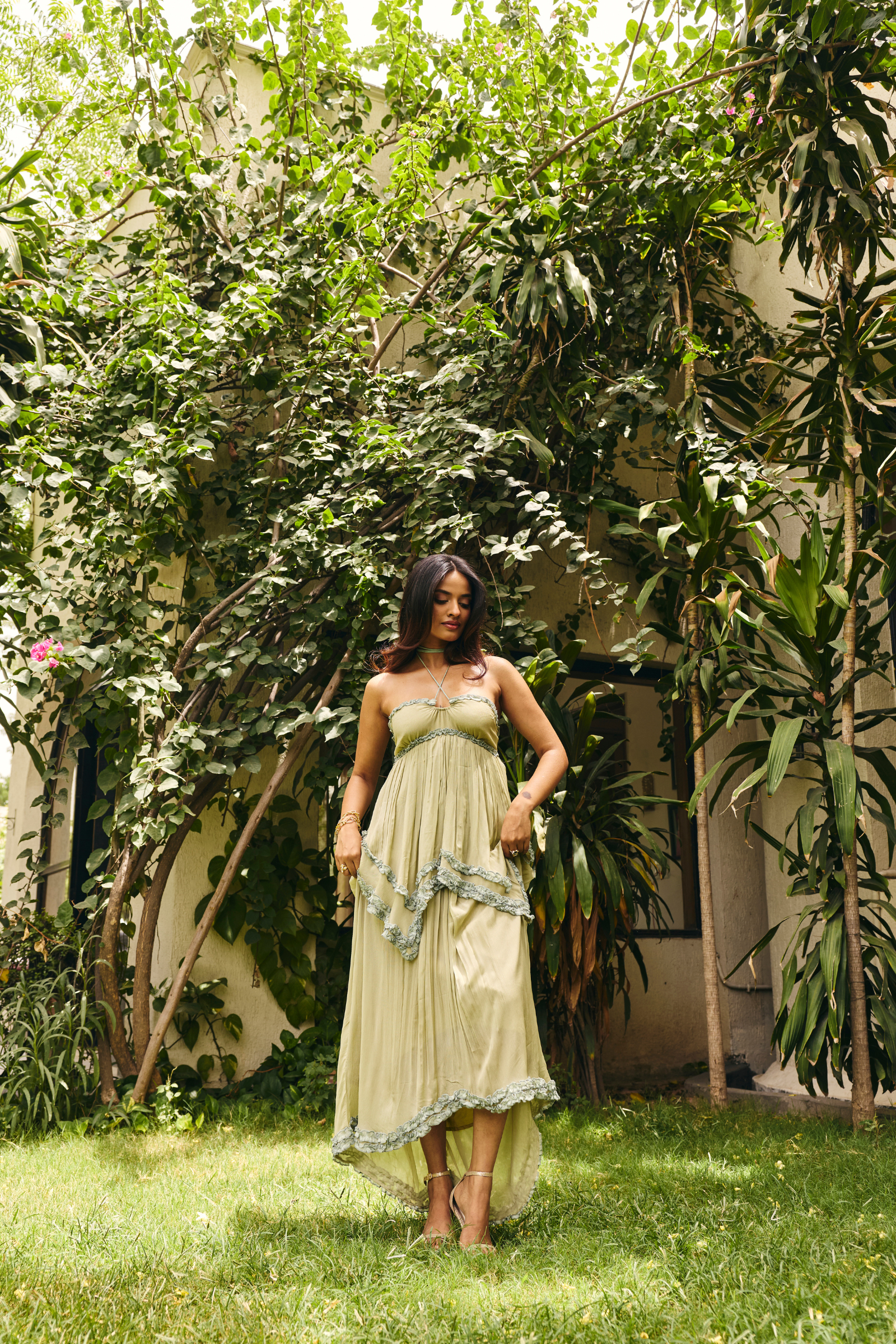 Mallorca Sage Green ruffle Midi dress