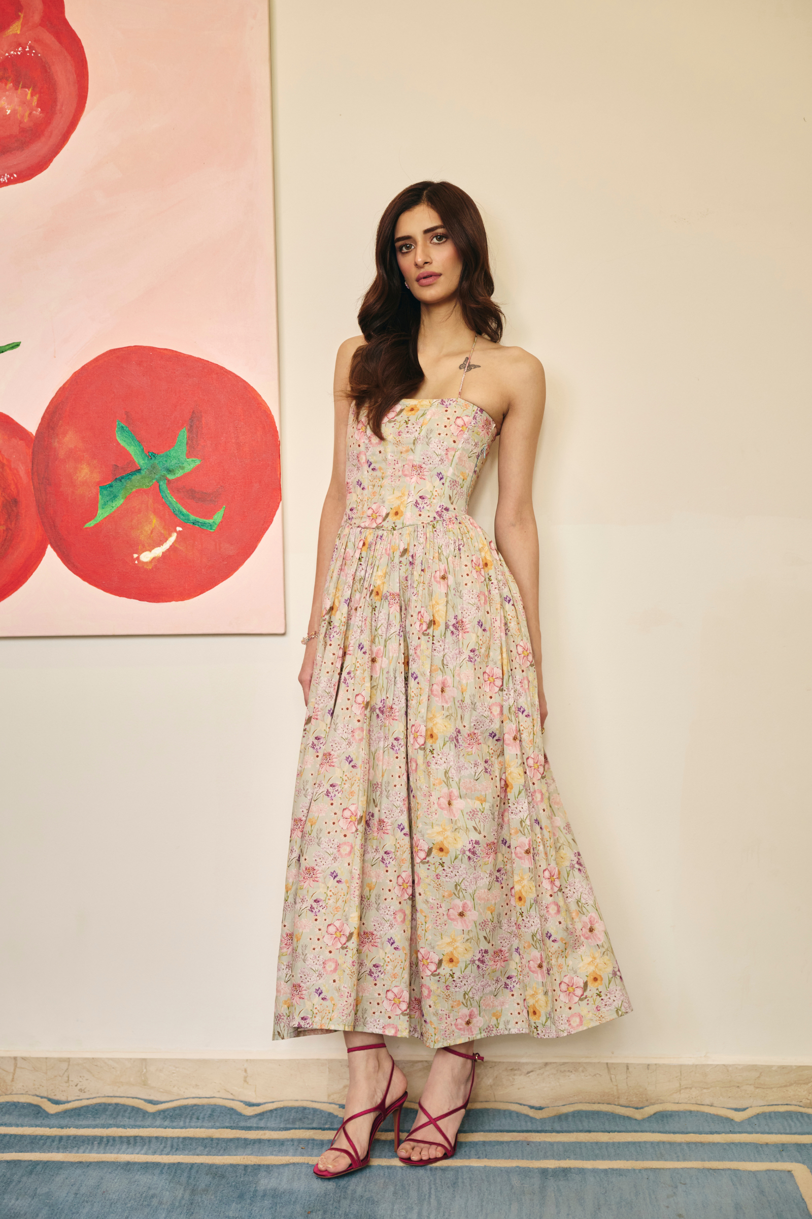 Nice sage green corset floral midi dress