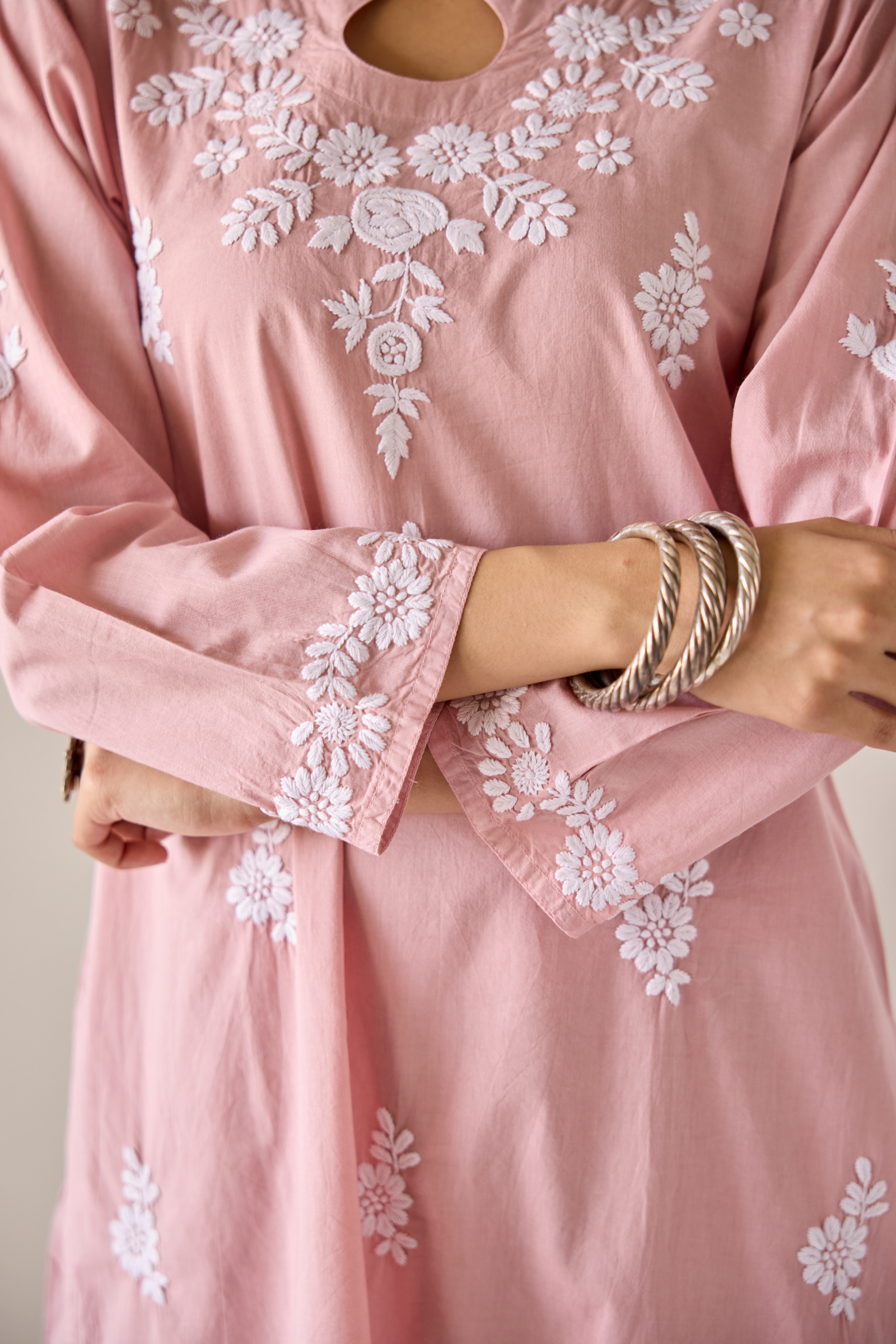 Mira Pink Cotton Hand Embroidered Chikankari Kurta & Pant Set
