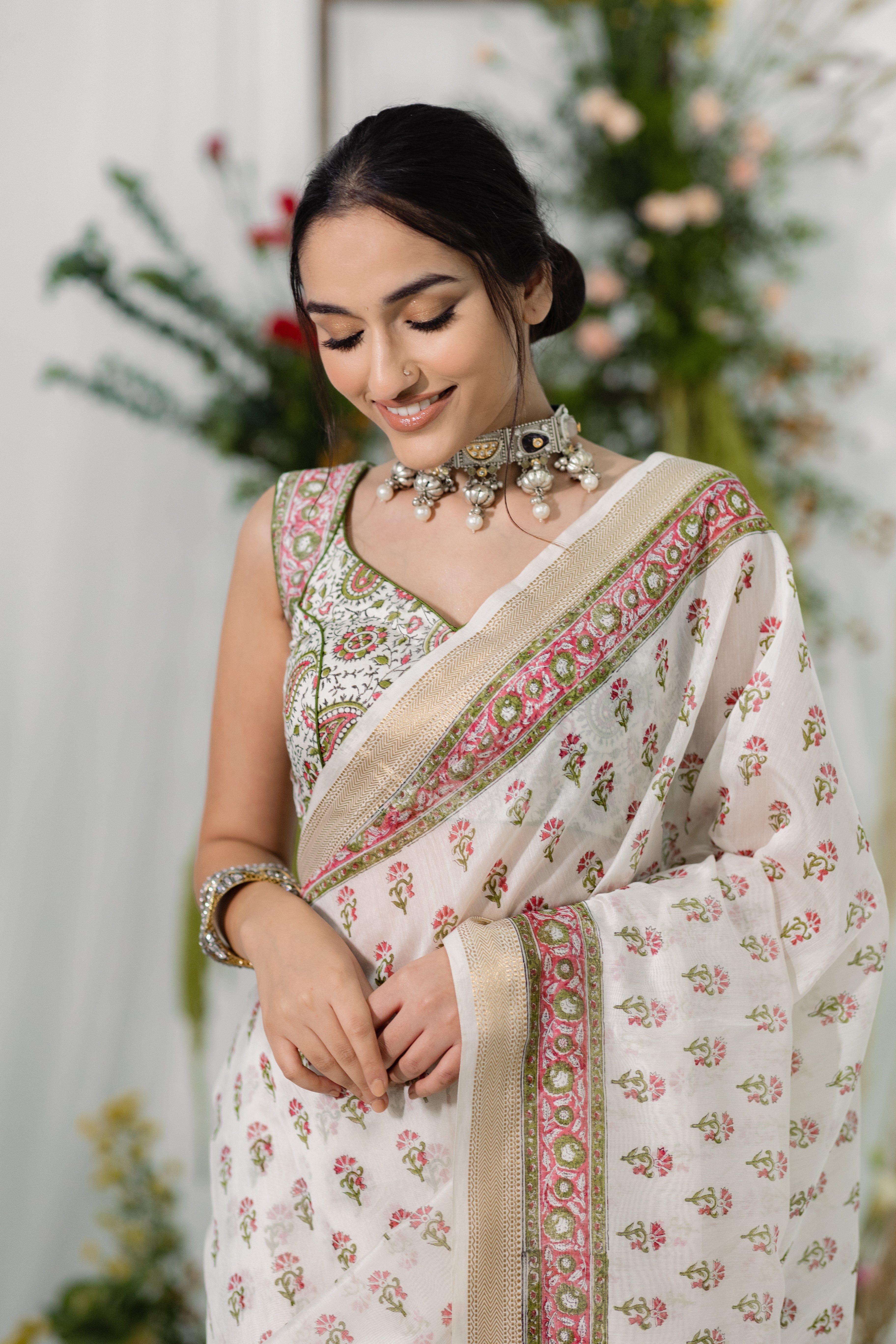 Gulbahaar White Printed Chanderi Silk Saree