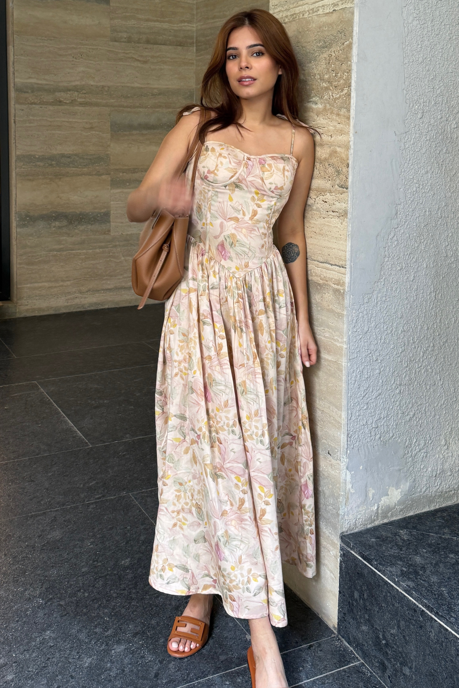 Demi Cream Floral Corset Midi Dress
