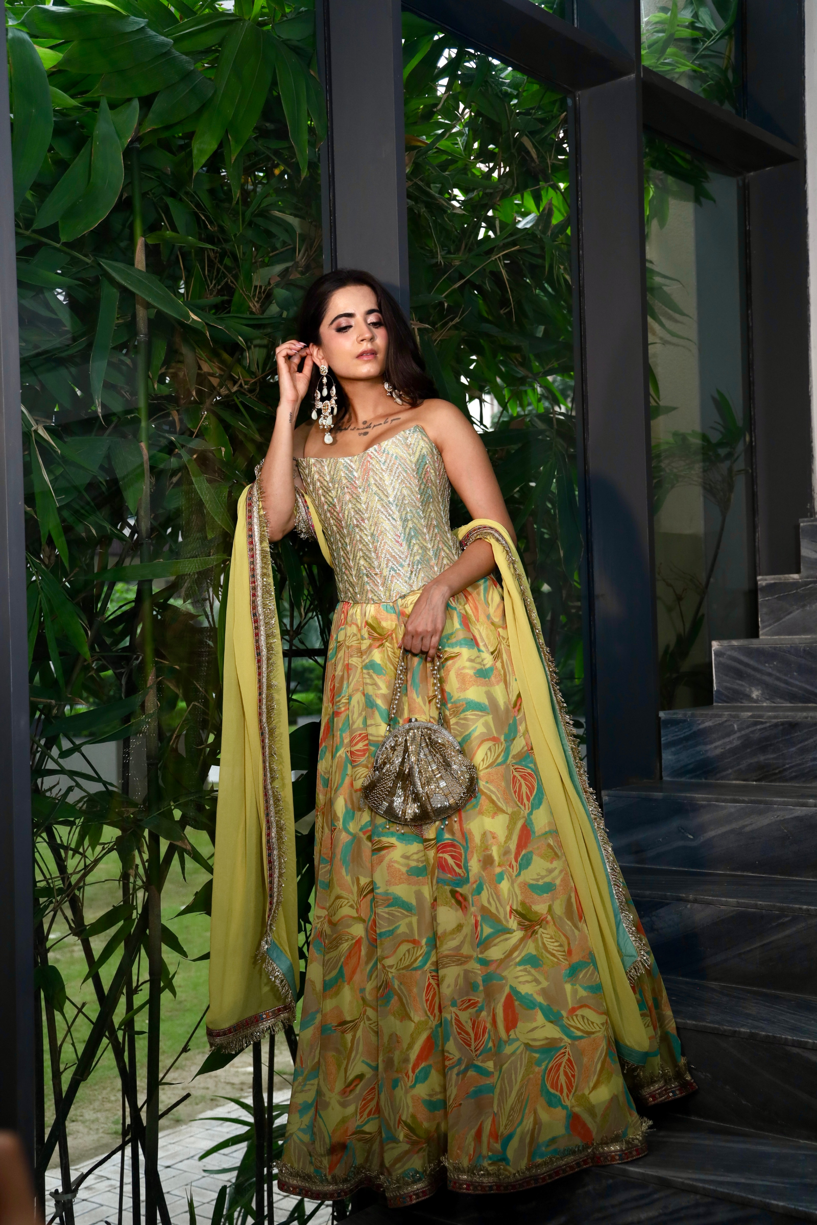 Amal Embroidered Corset and Yellow Crepe Lehenga Set