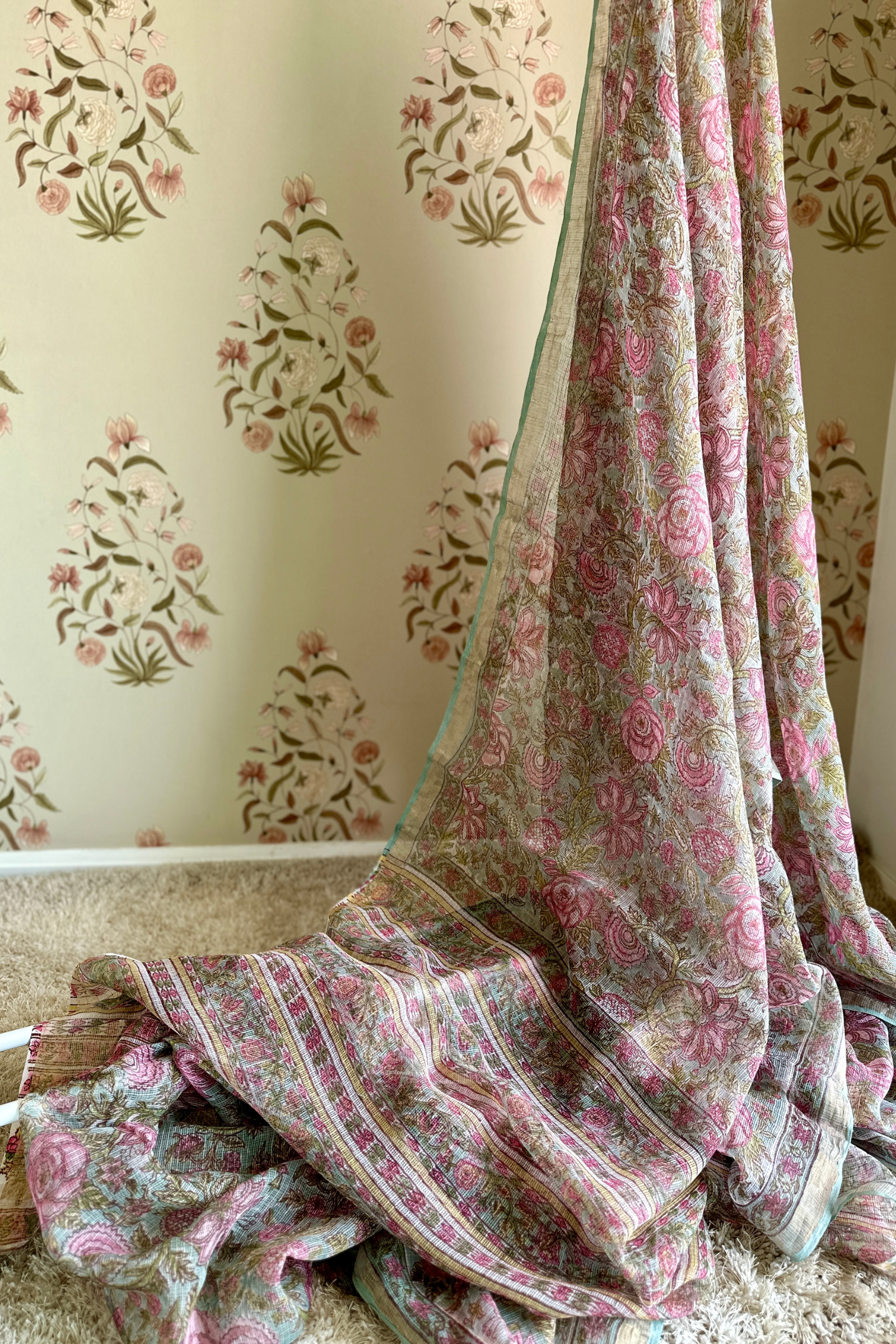 Niamh Green & Pink Printed Kota Doria Saree