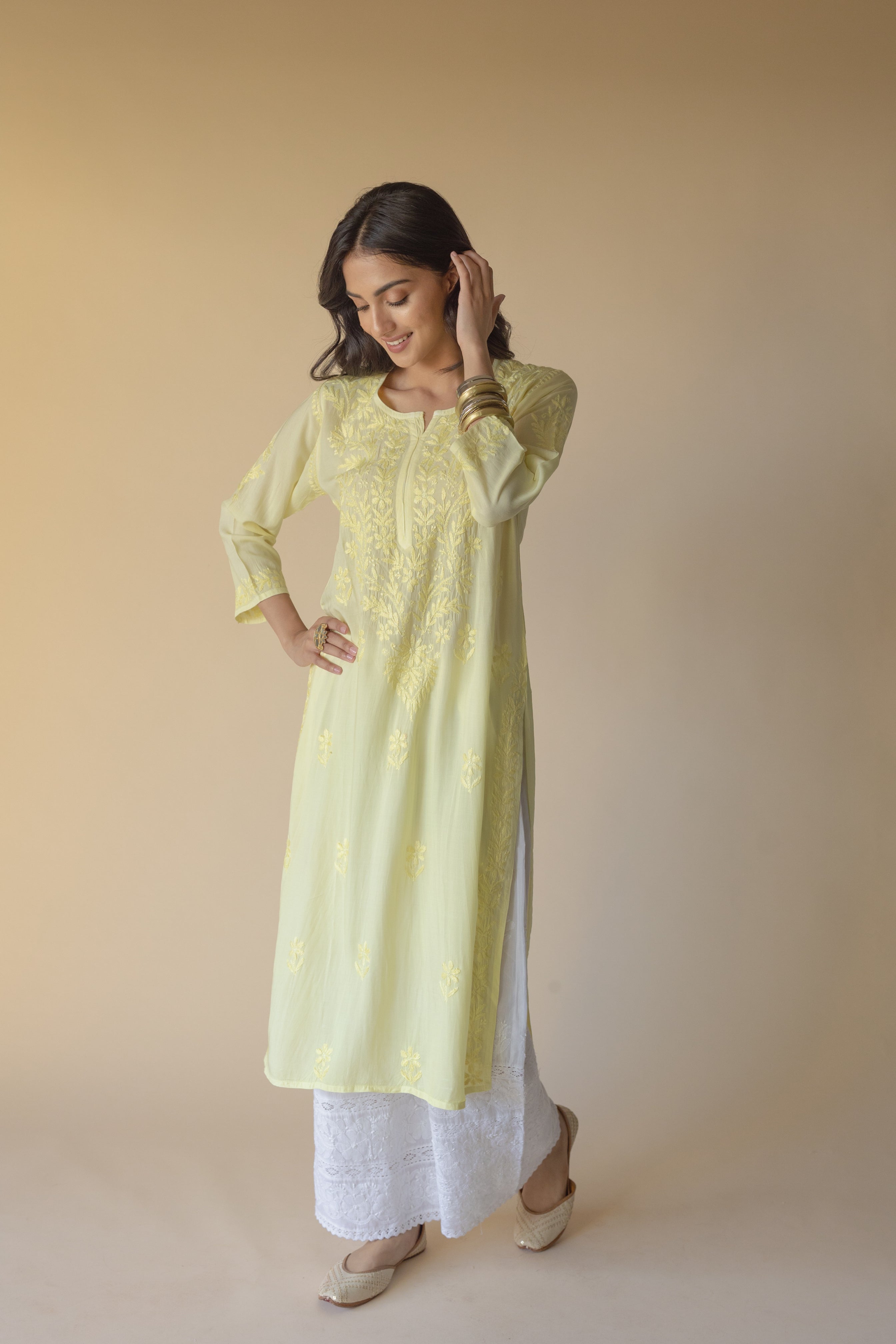 Samreen Yellow Modal Hand Embroidered Chikankari Kurta