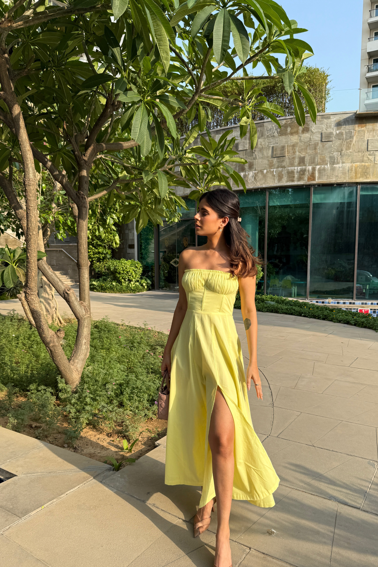 Positano Lemon Yellow Strapless Midi Dress with Corset Jacket