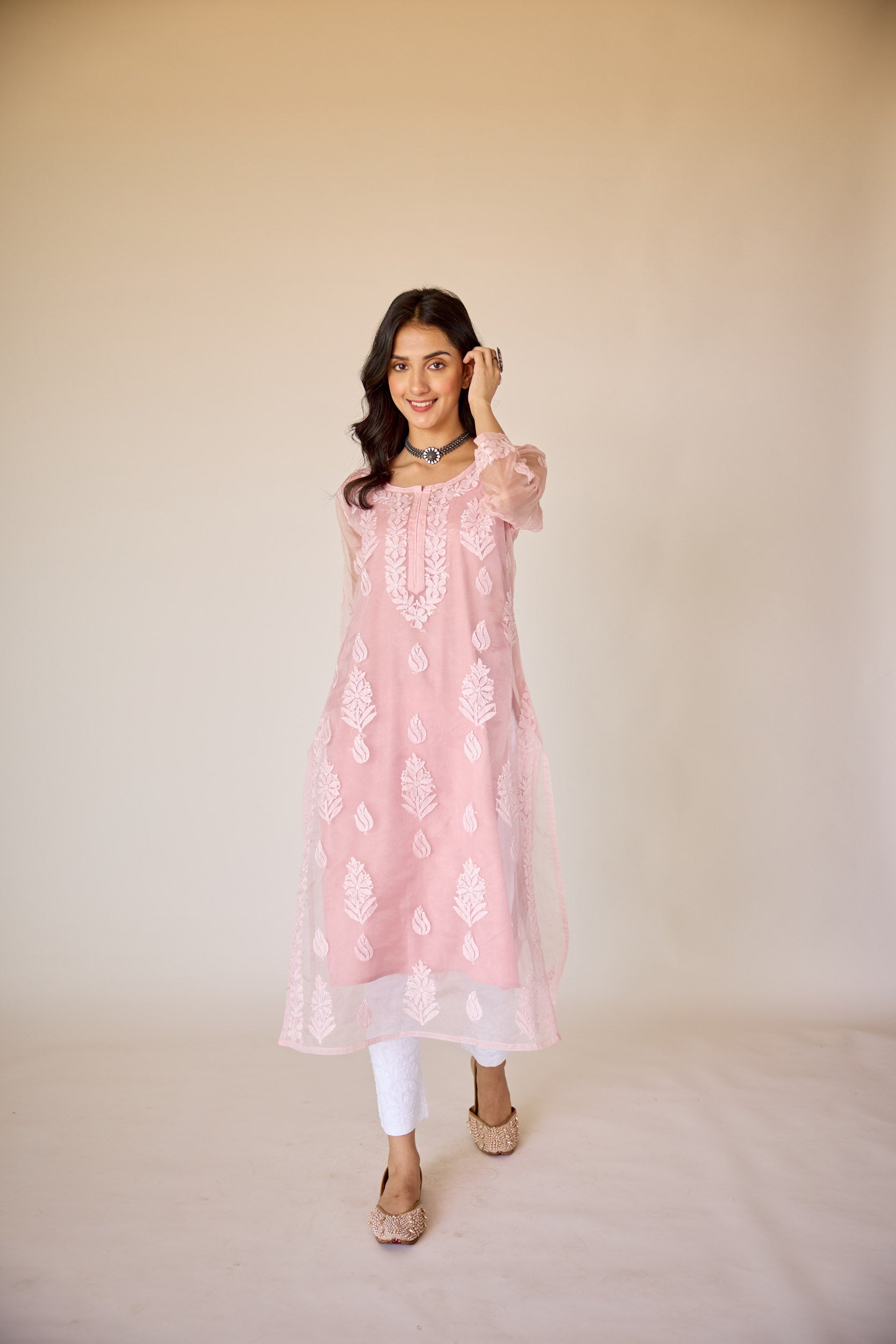 Nimrah Pink Organza Hand Embroidered Chikankari Kurta with Slip