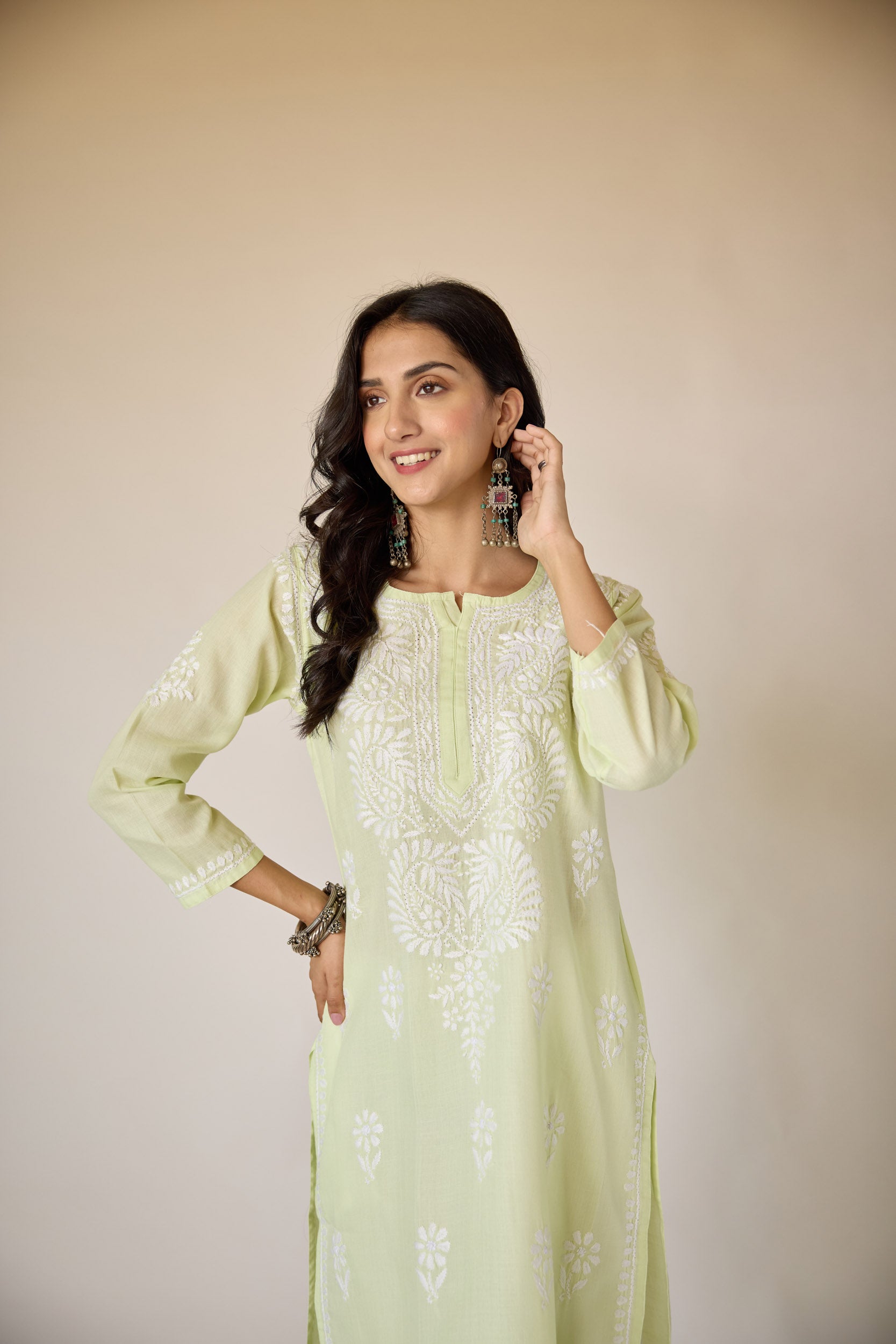 Aadya Lime Green Hand Embroidered Chikankari Kurta