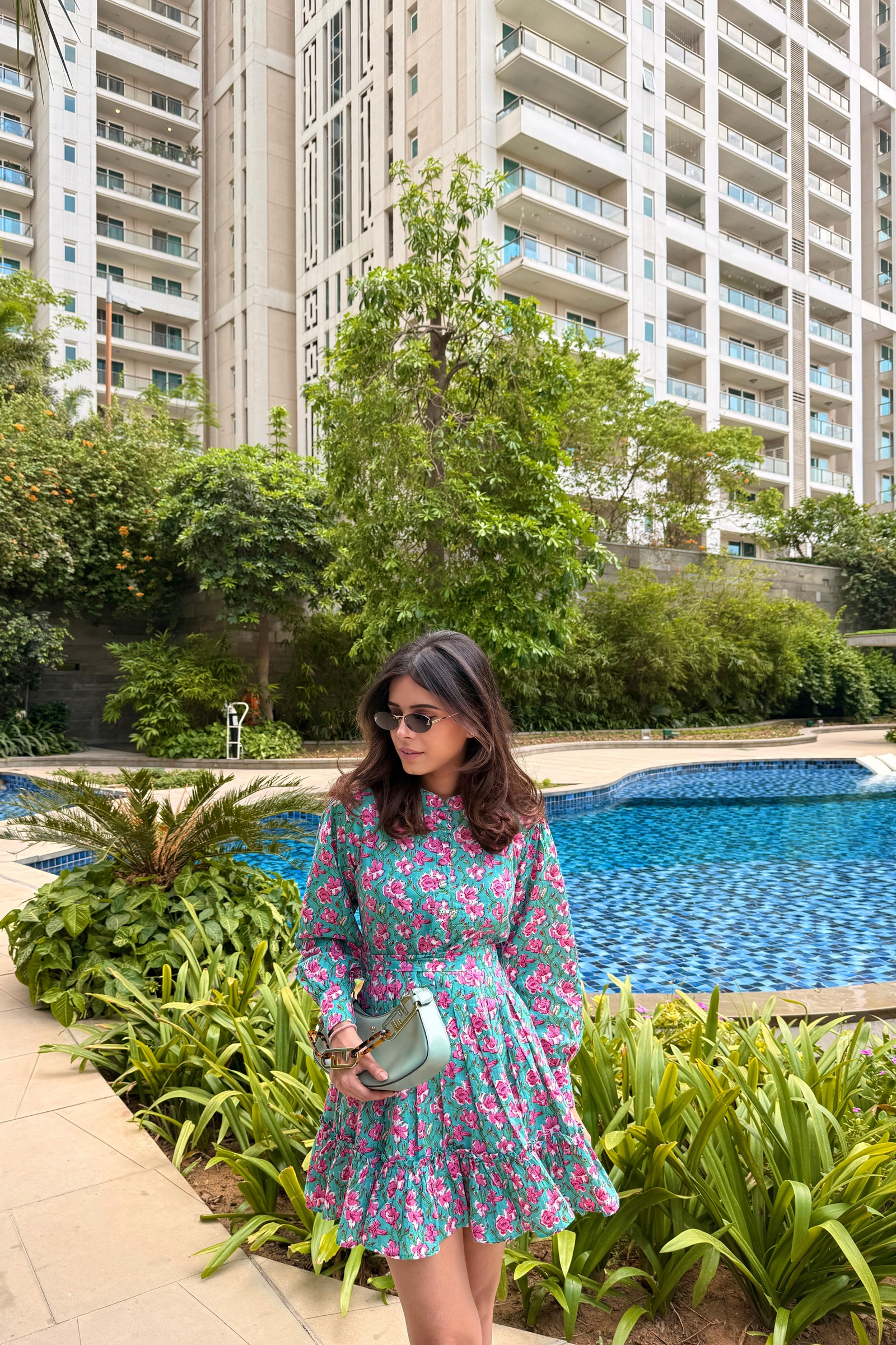 Ariel Green & Pink Printed Cotton Collared Dress