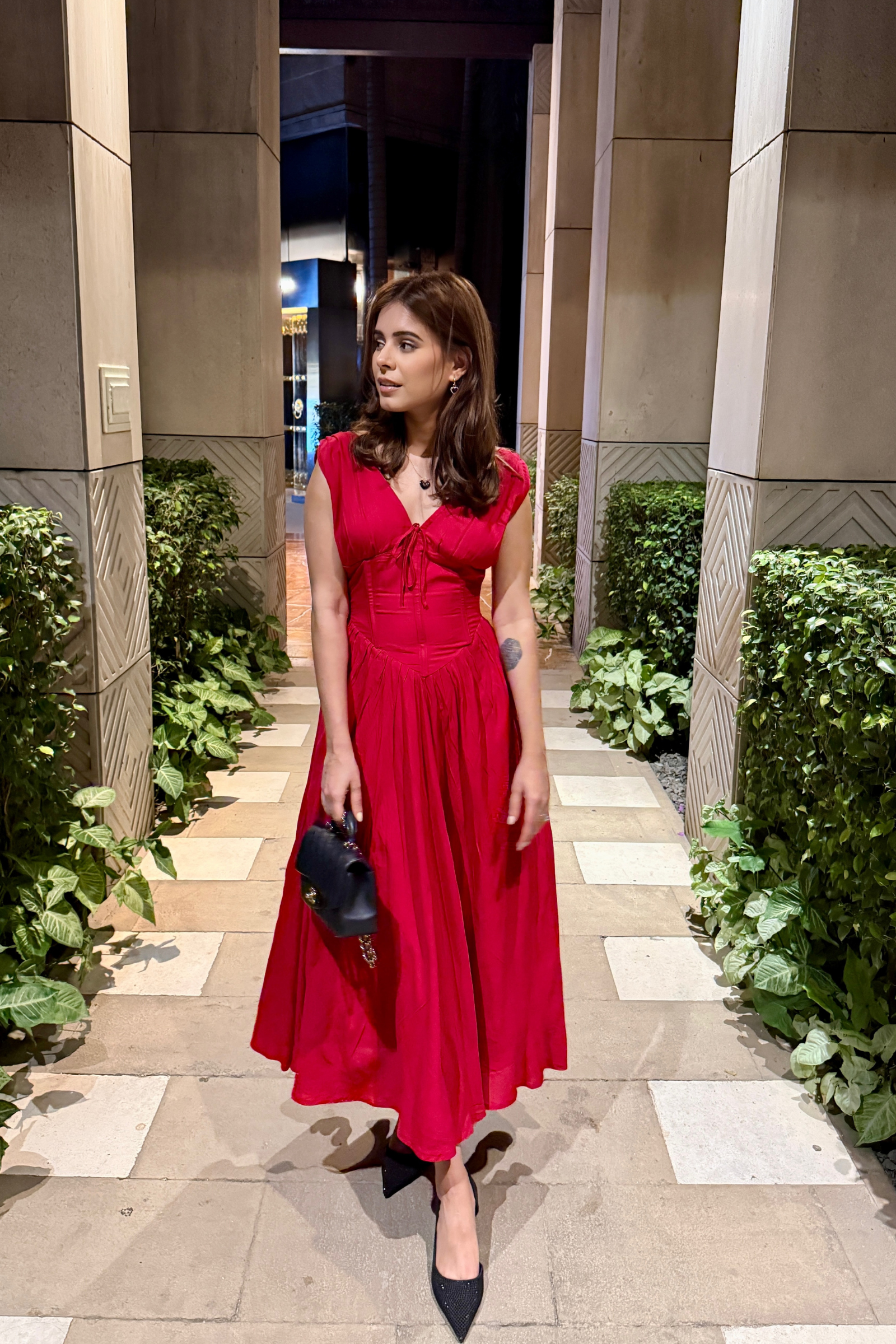 Dolce Cherry Red V-Neck Corset Midi Dress