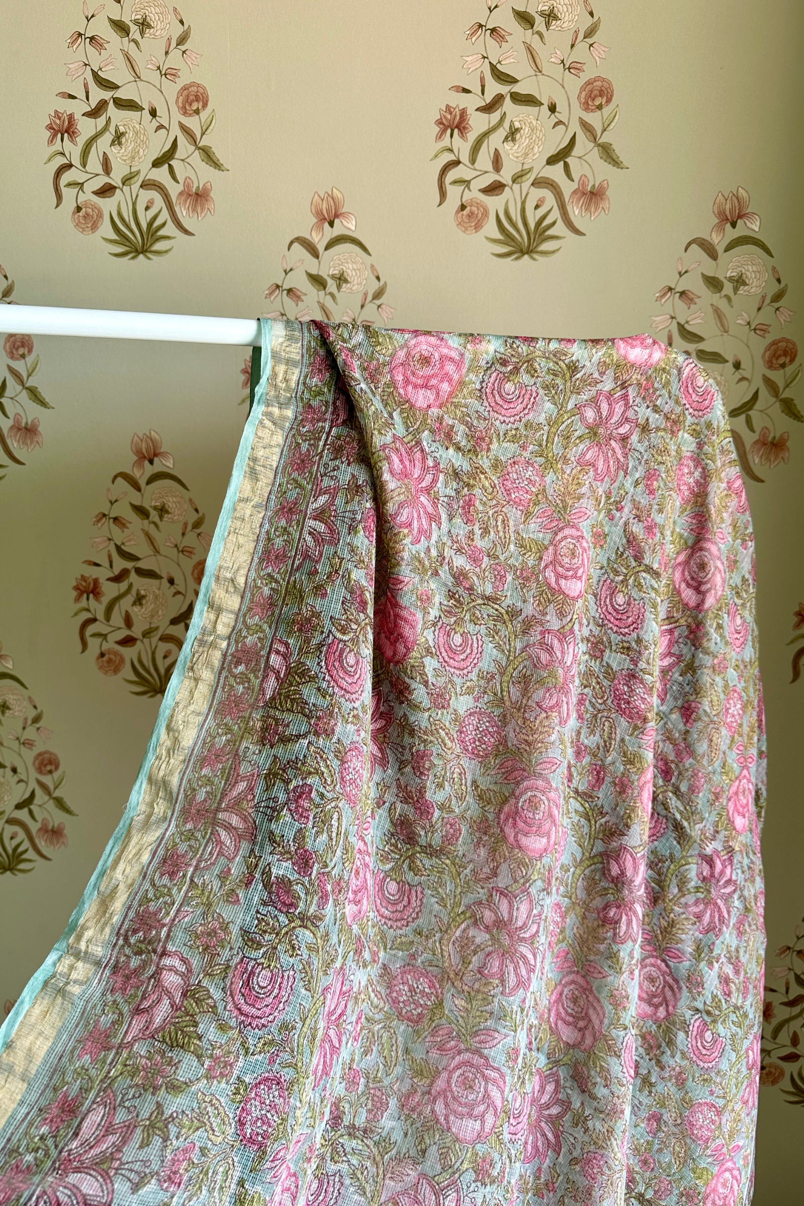 Niamh Green & Pink Printed Kota Doria Saree