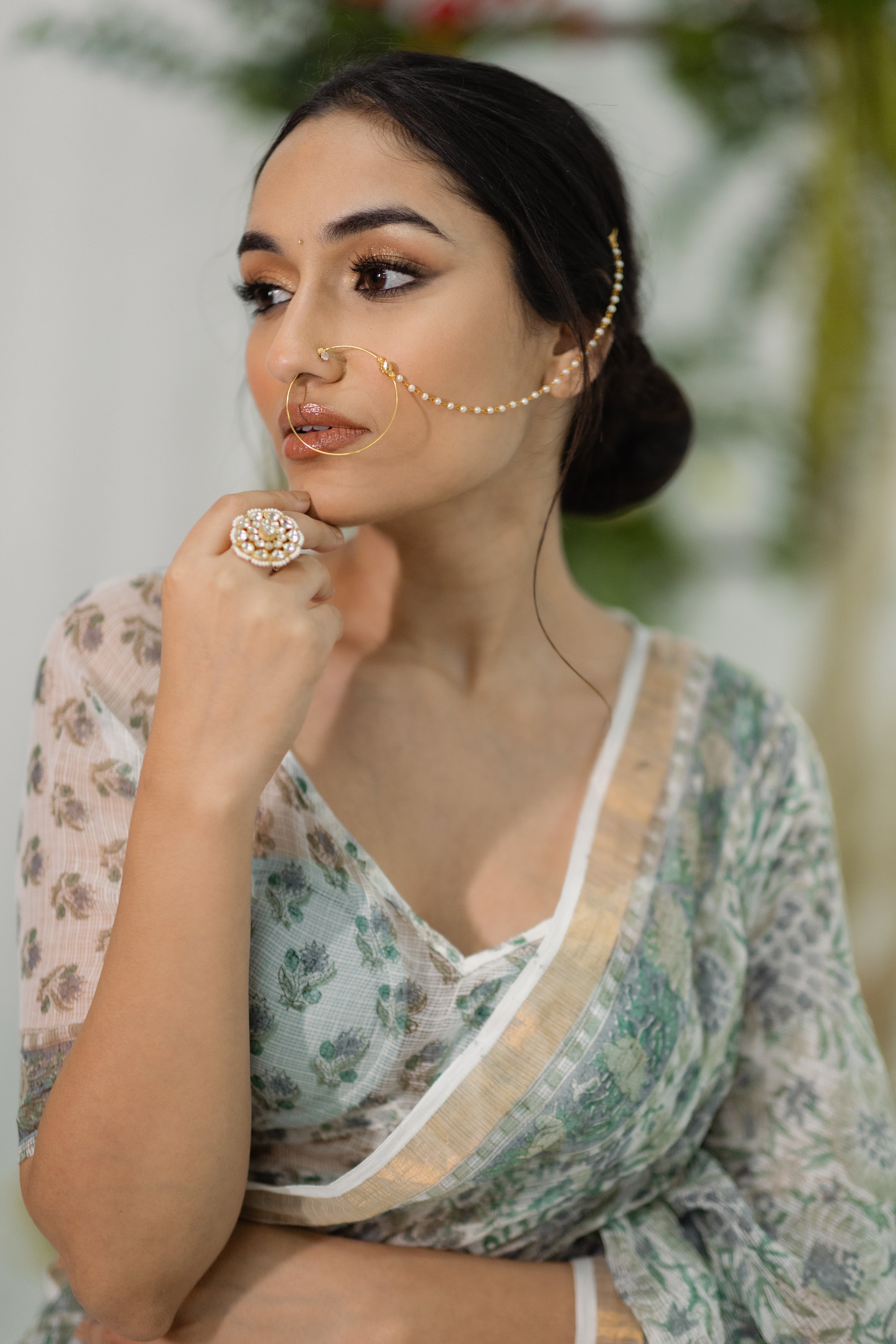 Nargis Green & White Printed Kota Doria Saree