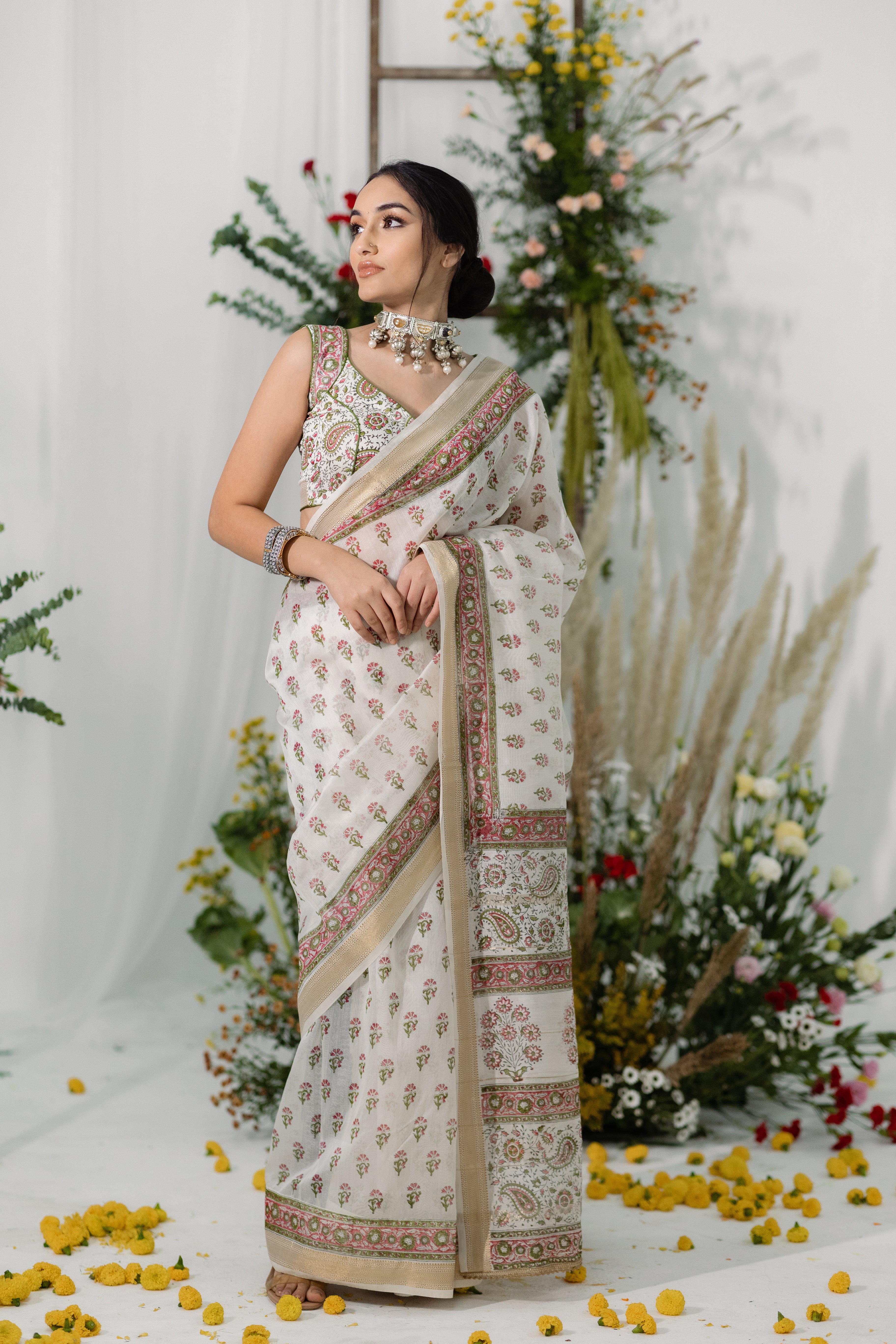 Gulbahaar White Printed Chanderi Silk Saree