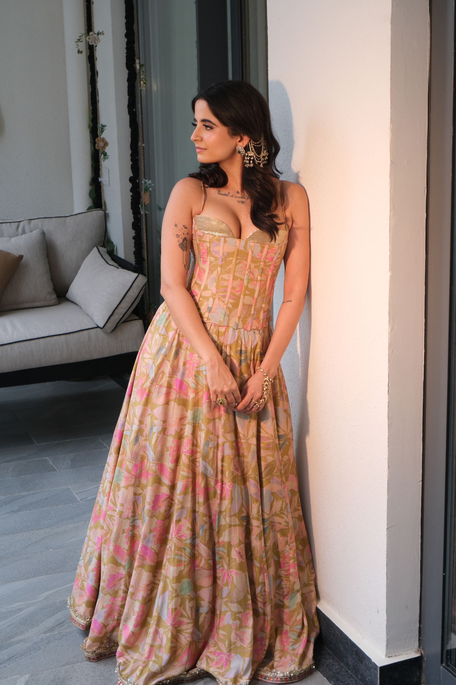 Zara Olive Green Sequinned Corset Muslin Lehenga Set