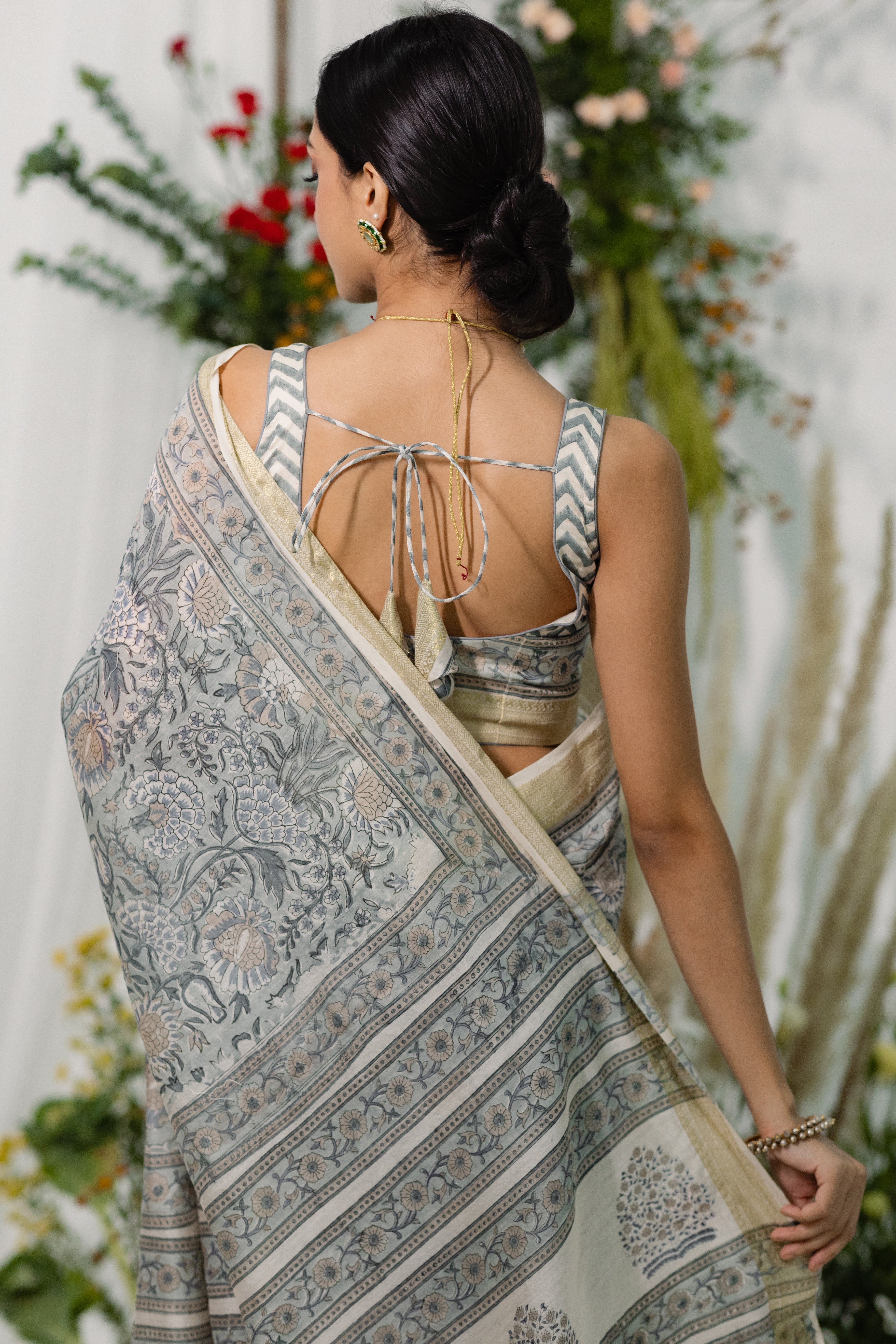 Bouganvillea Grey Printed Chanderi Silk Saree