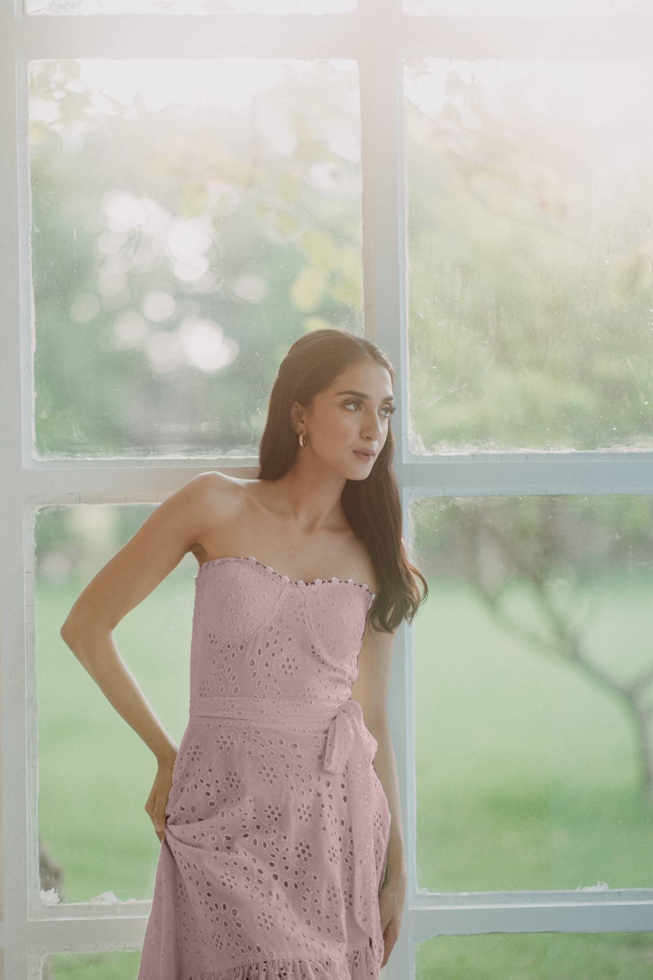 Janine Dusty Pink Schiffli Midi Dress