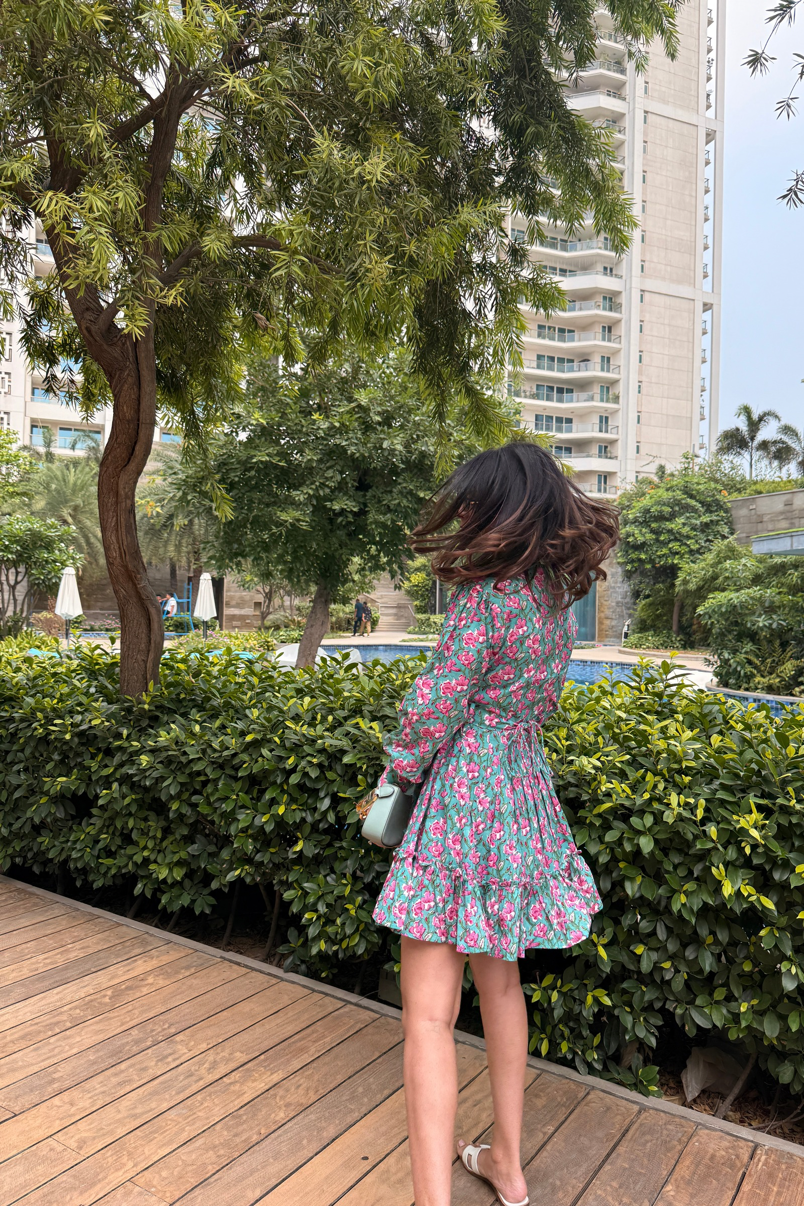Ariel Green & Pink Printed Cotton Collared Dress