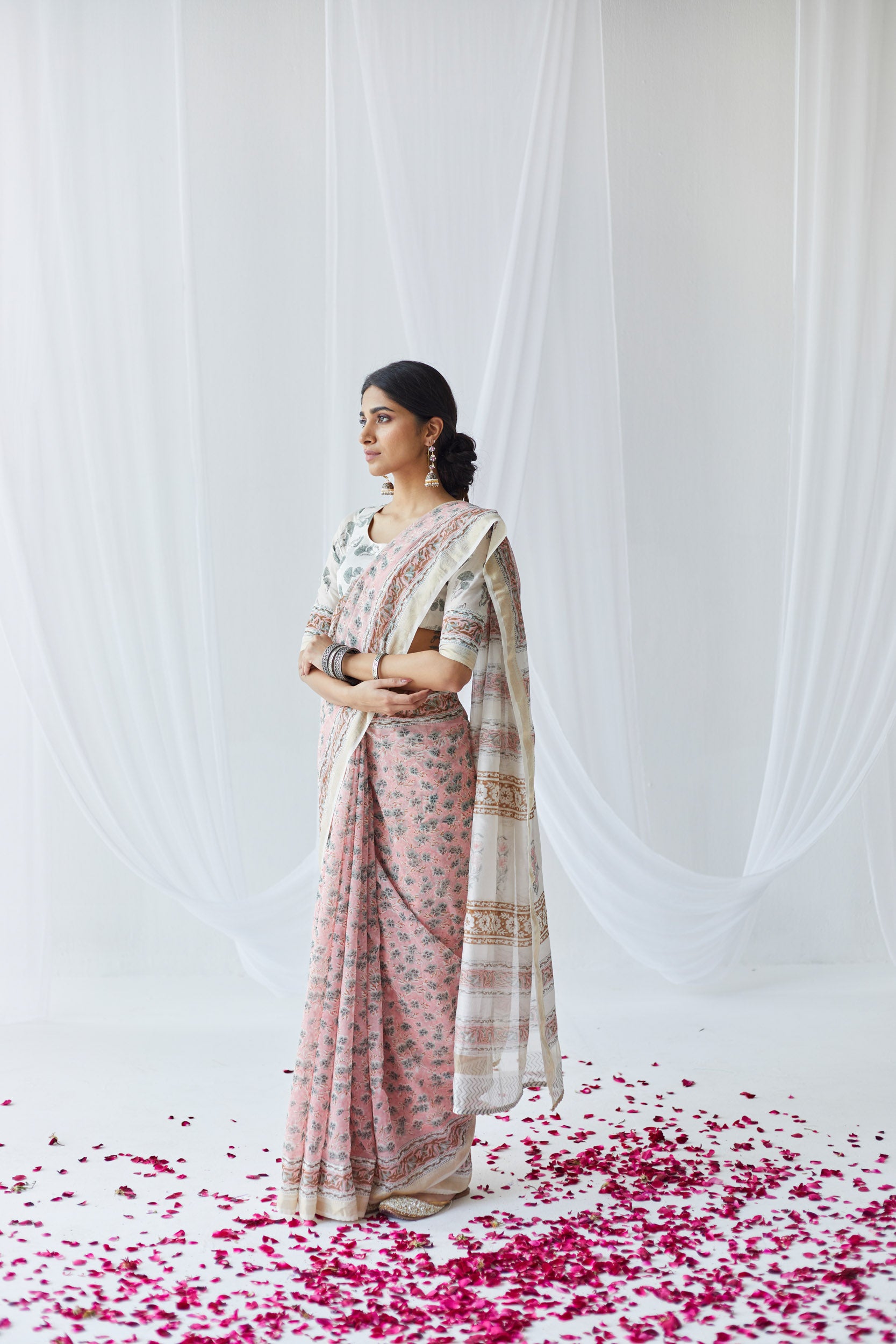 Nasrine Pink & White Printed Chanderi Silk Saree