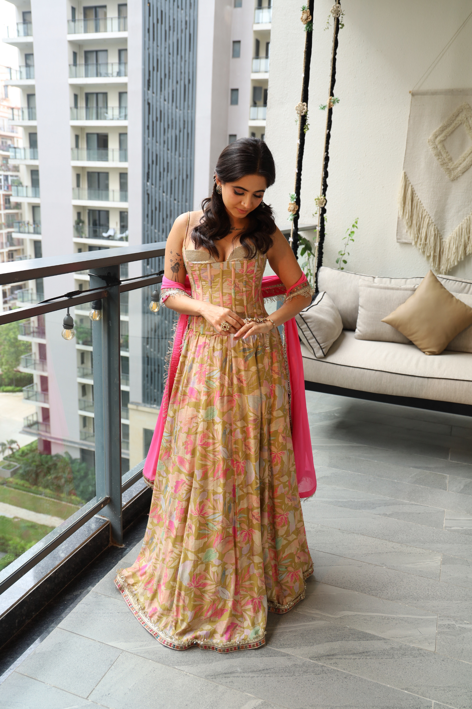Zara Olive Green Sequinned Corset Muslin Lehenga Set