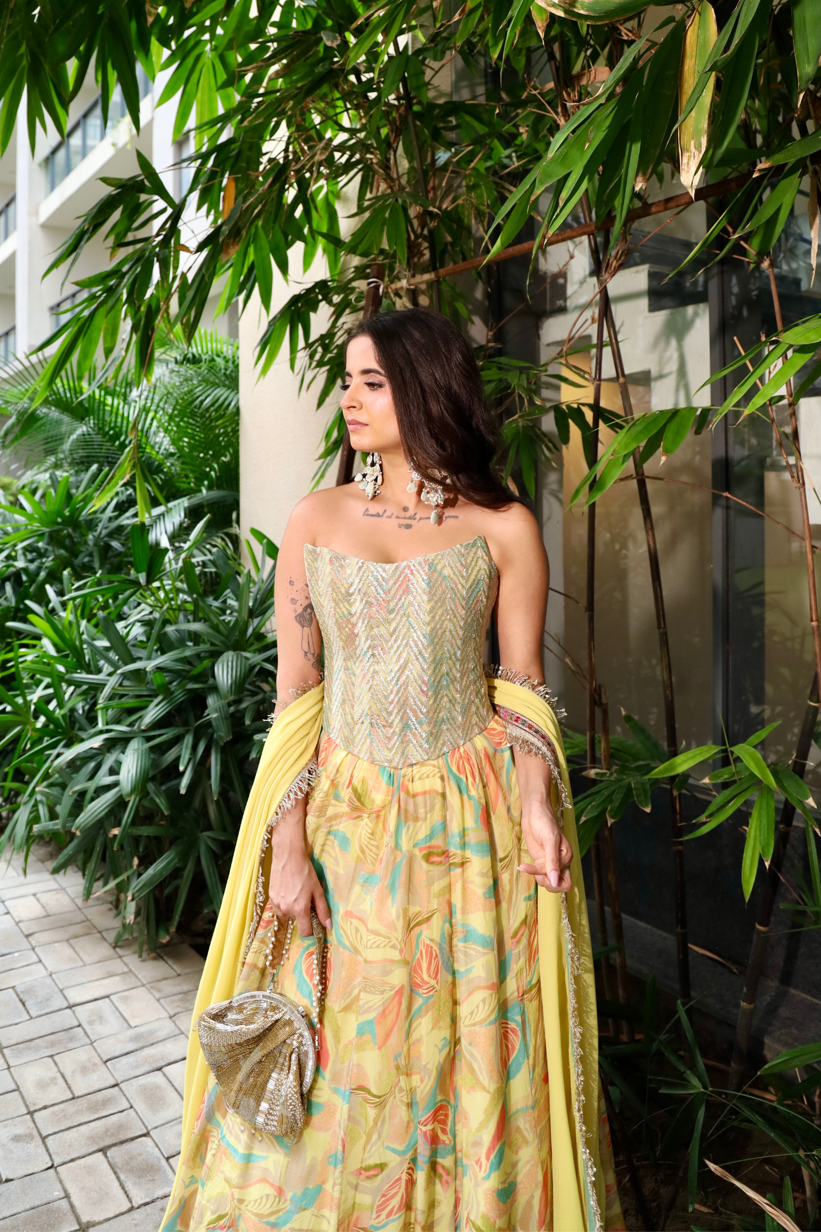 Amal Embroidered Corset and Yellow Crepe Lehenga Set