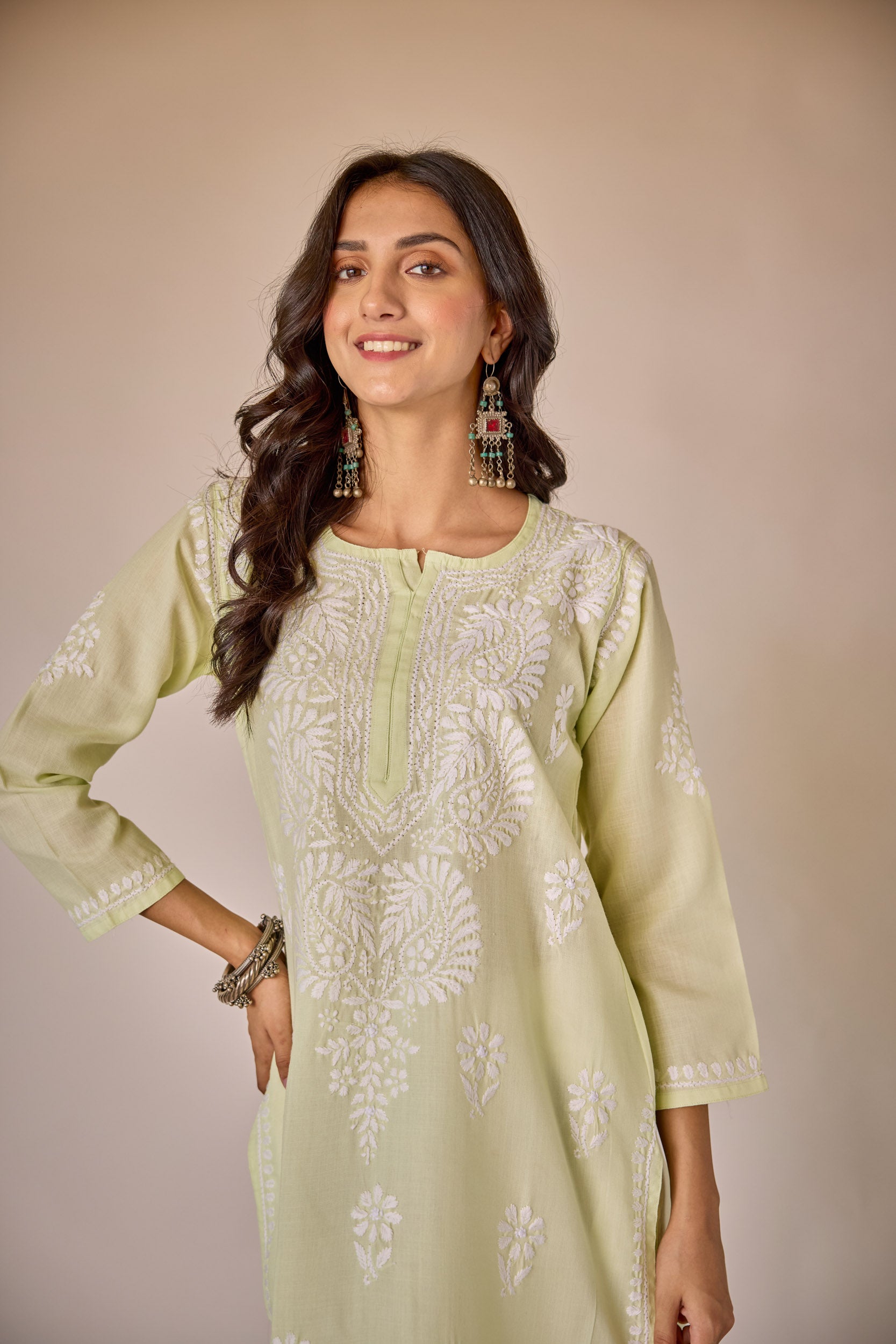 Aadya Lime Green Hand Embroidered Chikankari Kurta