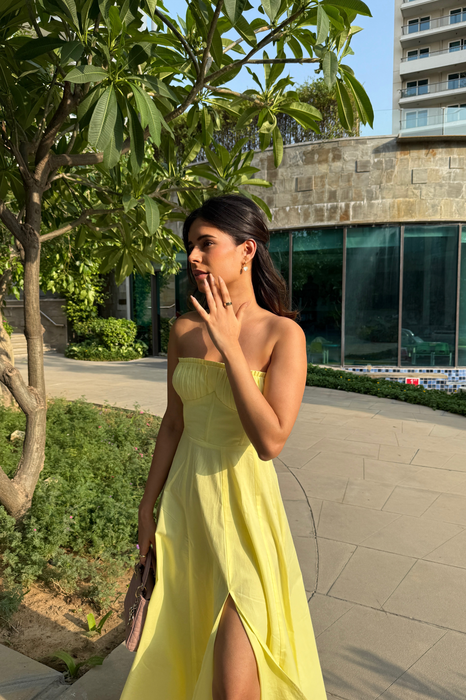 Positano Lemon Yellow Strapless Midi Dress with Corset Jacket