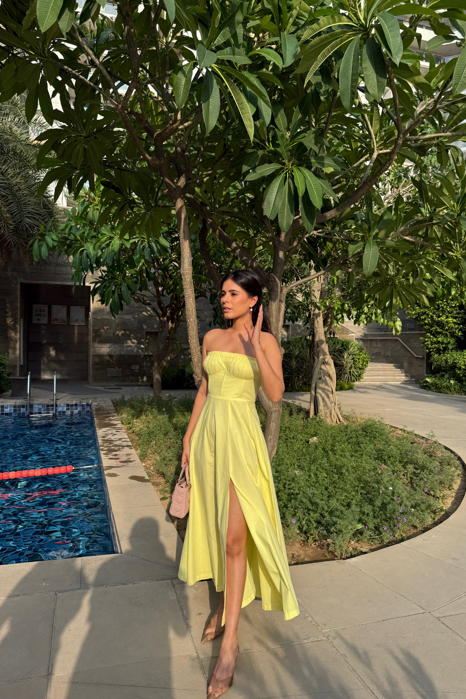 Positano Lemon Yellow Strapless Midi Dress with Corset Jacket
