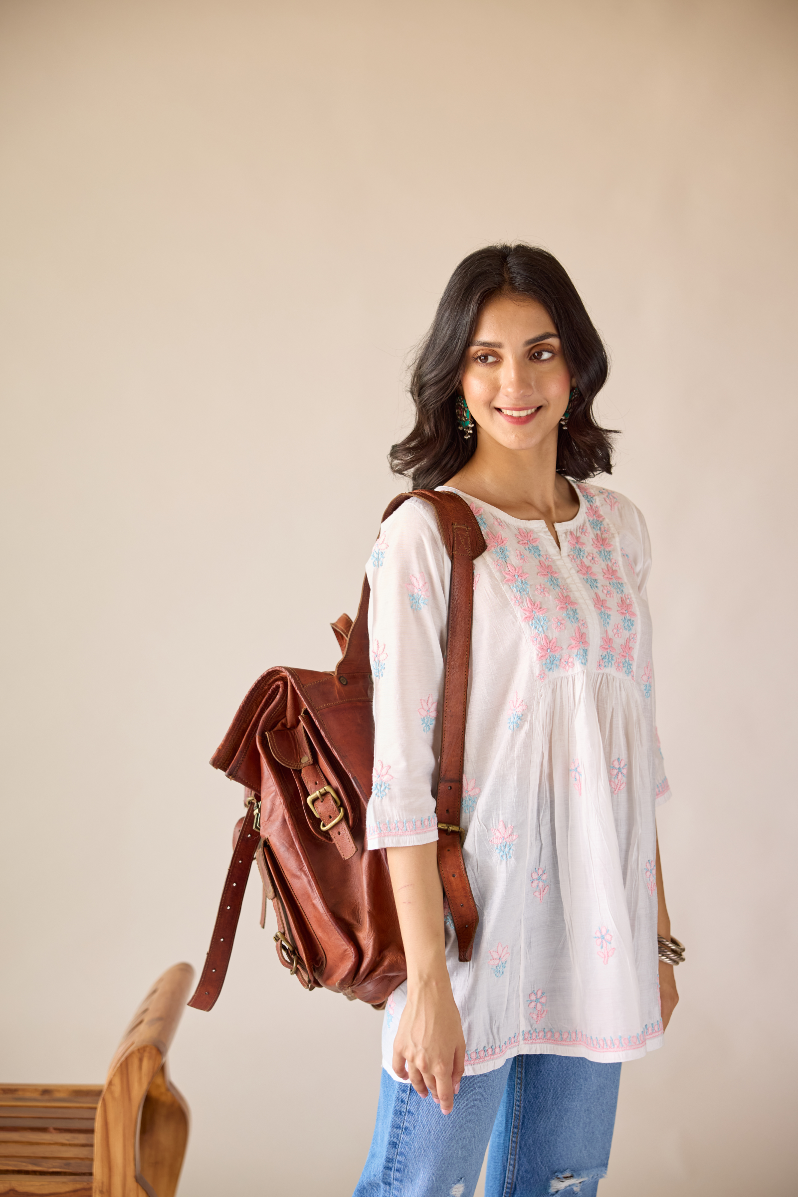 Anamika White Chanderi Hand Embroidered Short Chikankari Kurti
