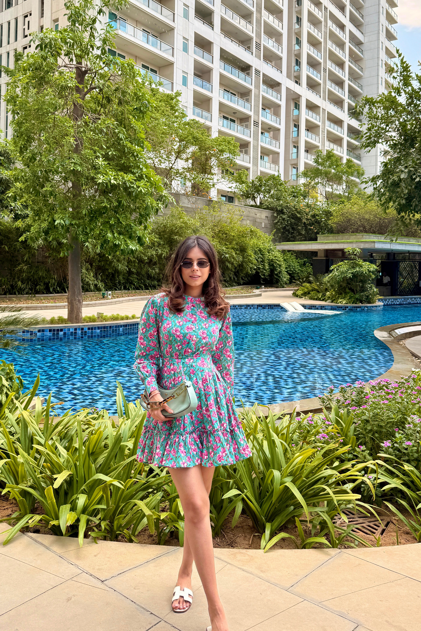 Ariel Green & Pink Printed Cotton Collared Dress