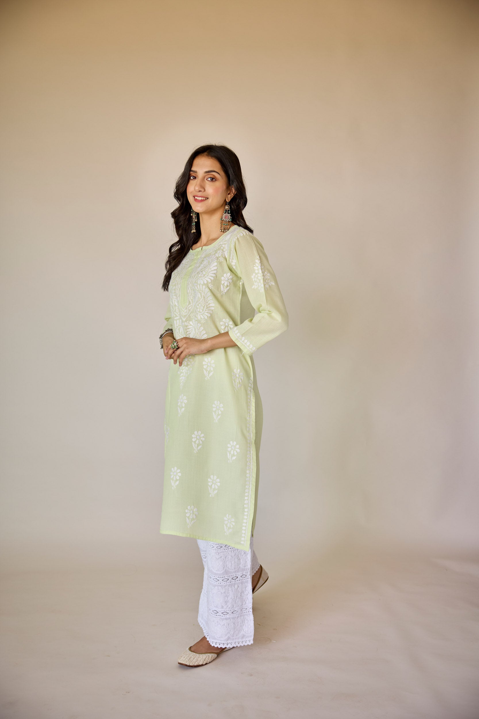 Aadya Lime Green Hand Embroidered Chikankari Kurta
