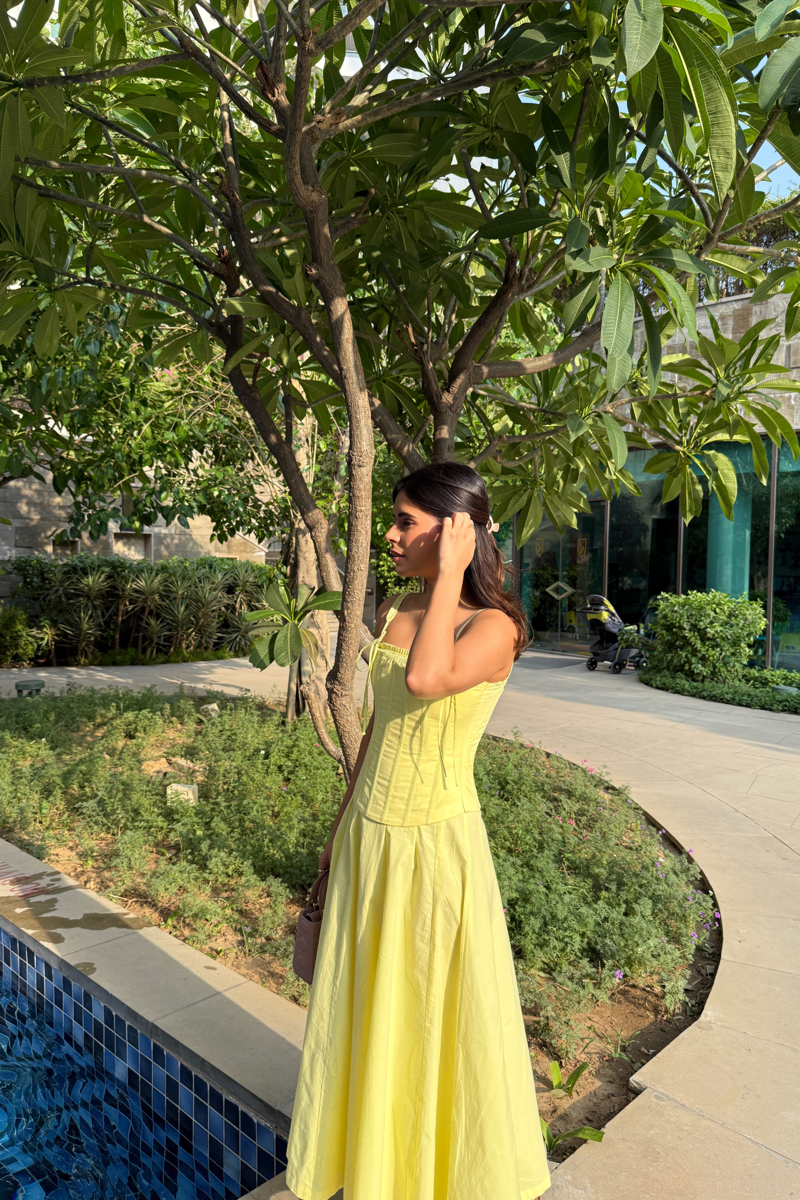 Positano Lemon Yellow Strapless Midi Dress with Corset Jacket