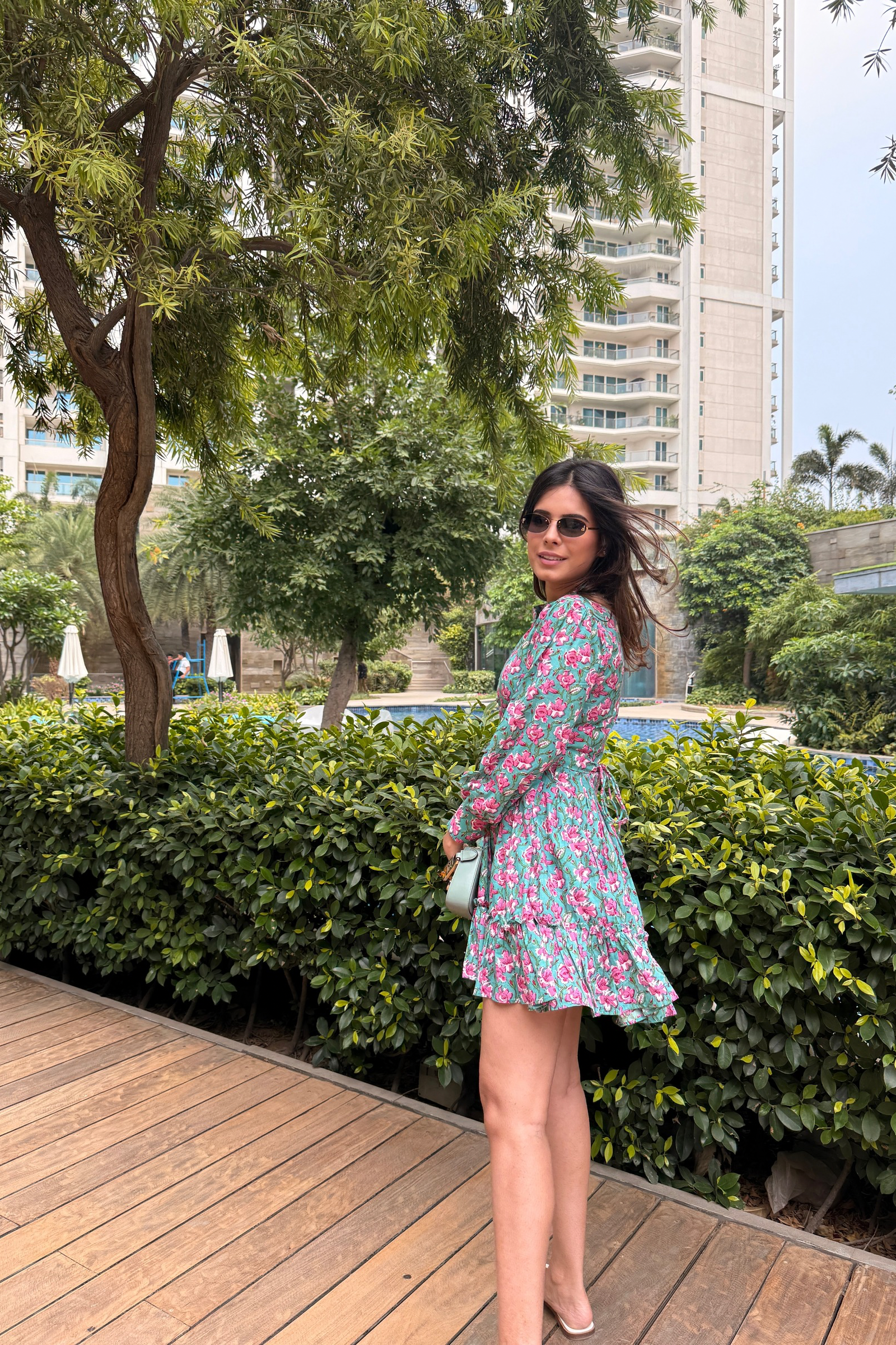 Ariel Green & Pink Printed Cotton Collared Dress