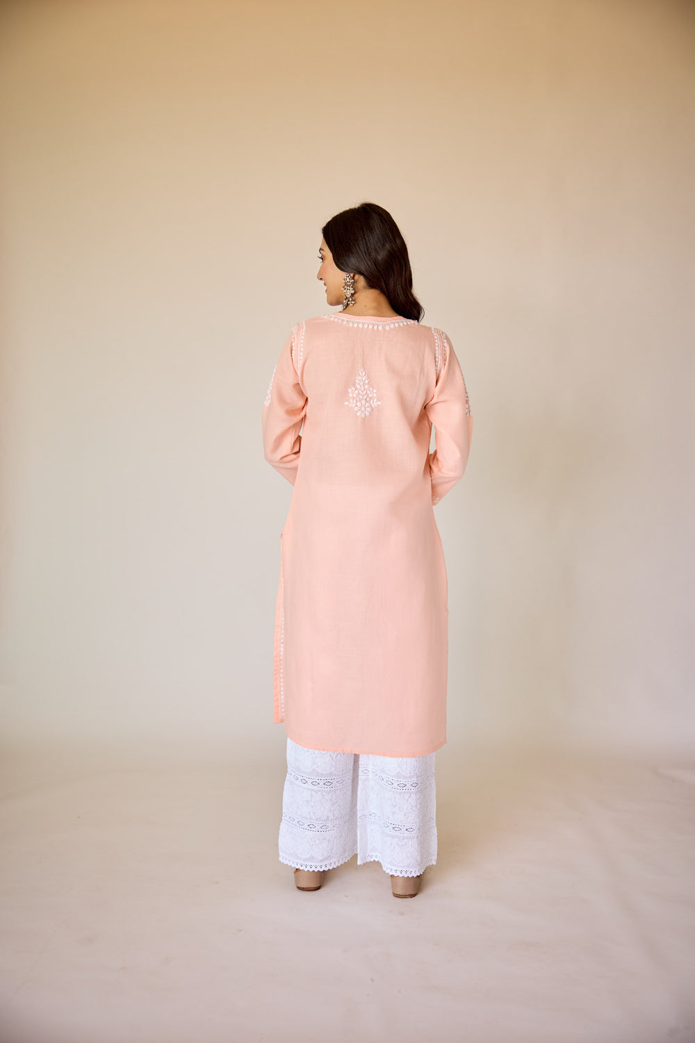 Peach Chikankari Hand Embroidery Soft Cotton Long Kurta