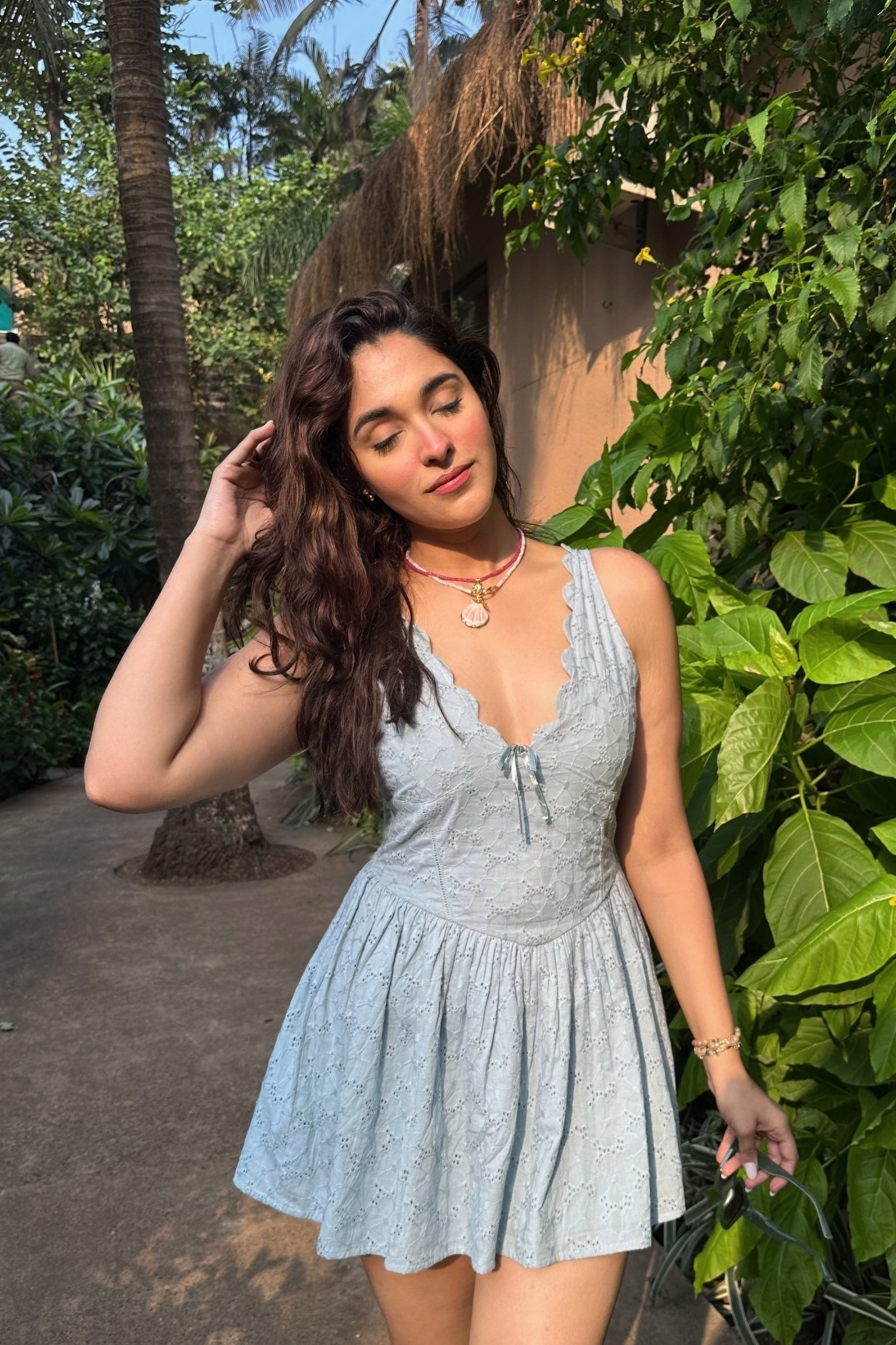 Sage Bloom Eyelet Mini V-Neck Cotton Dress