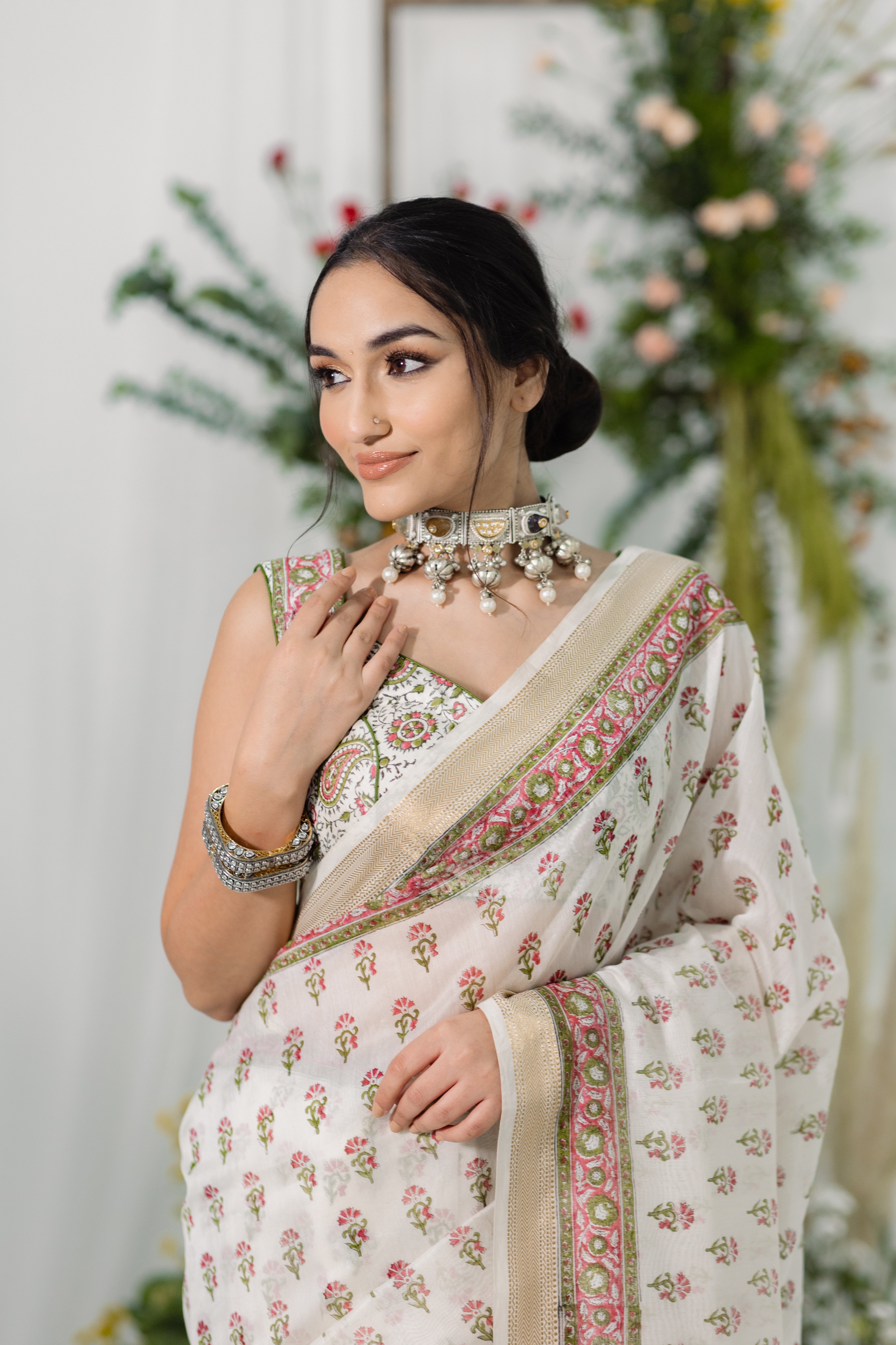 Gulbahaar White Printed Chanderi Silk Saree