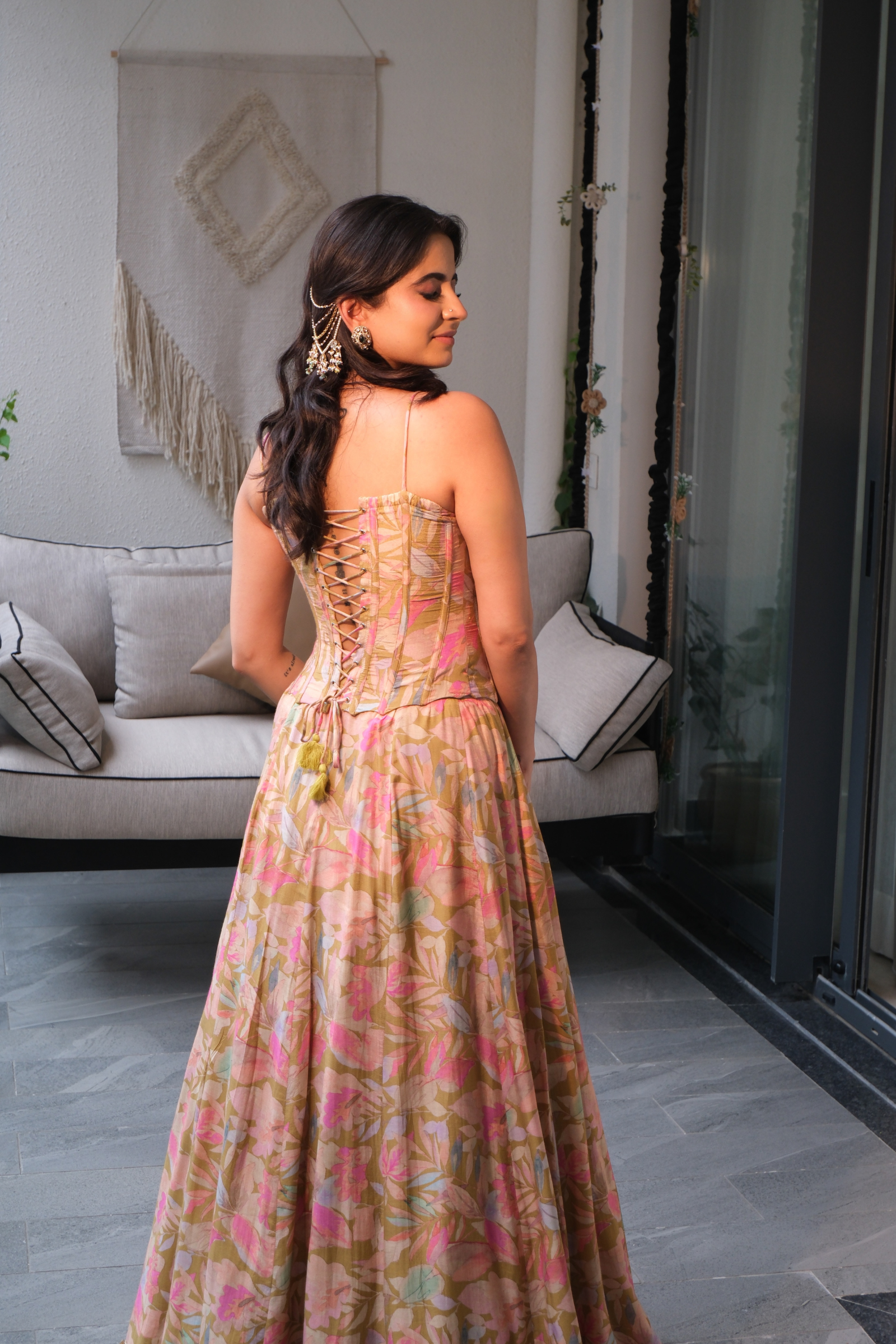 Zara Olive Green Sequinned Corset Muslin Lehenga Set
