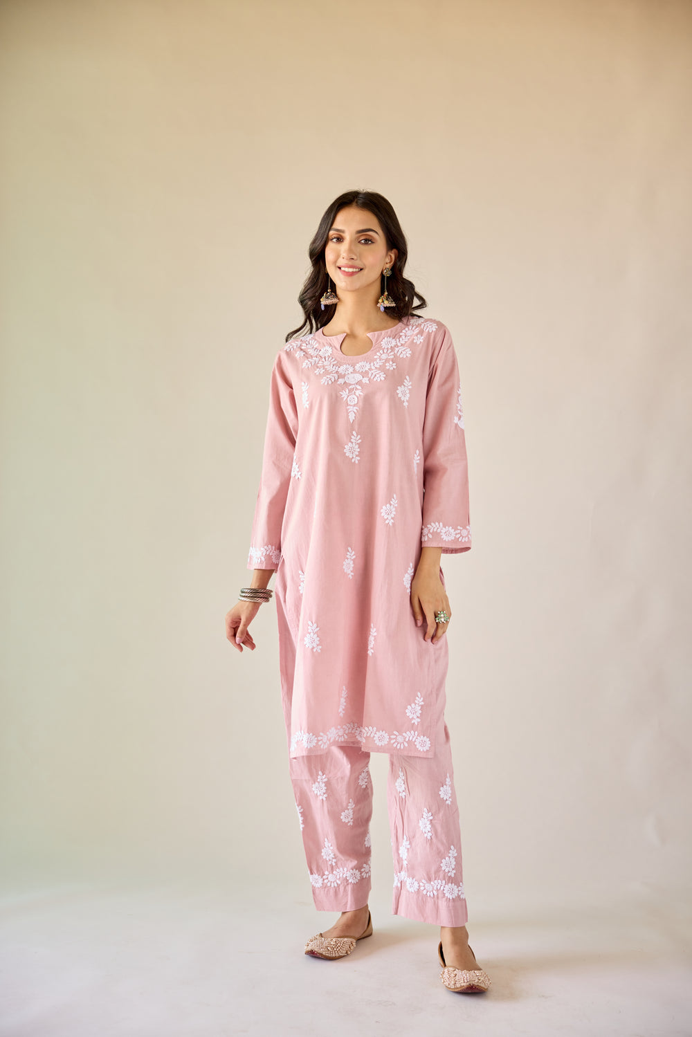 Women Pink Floral Embroidered Regular Chikankari Kurta with Trousers