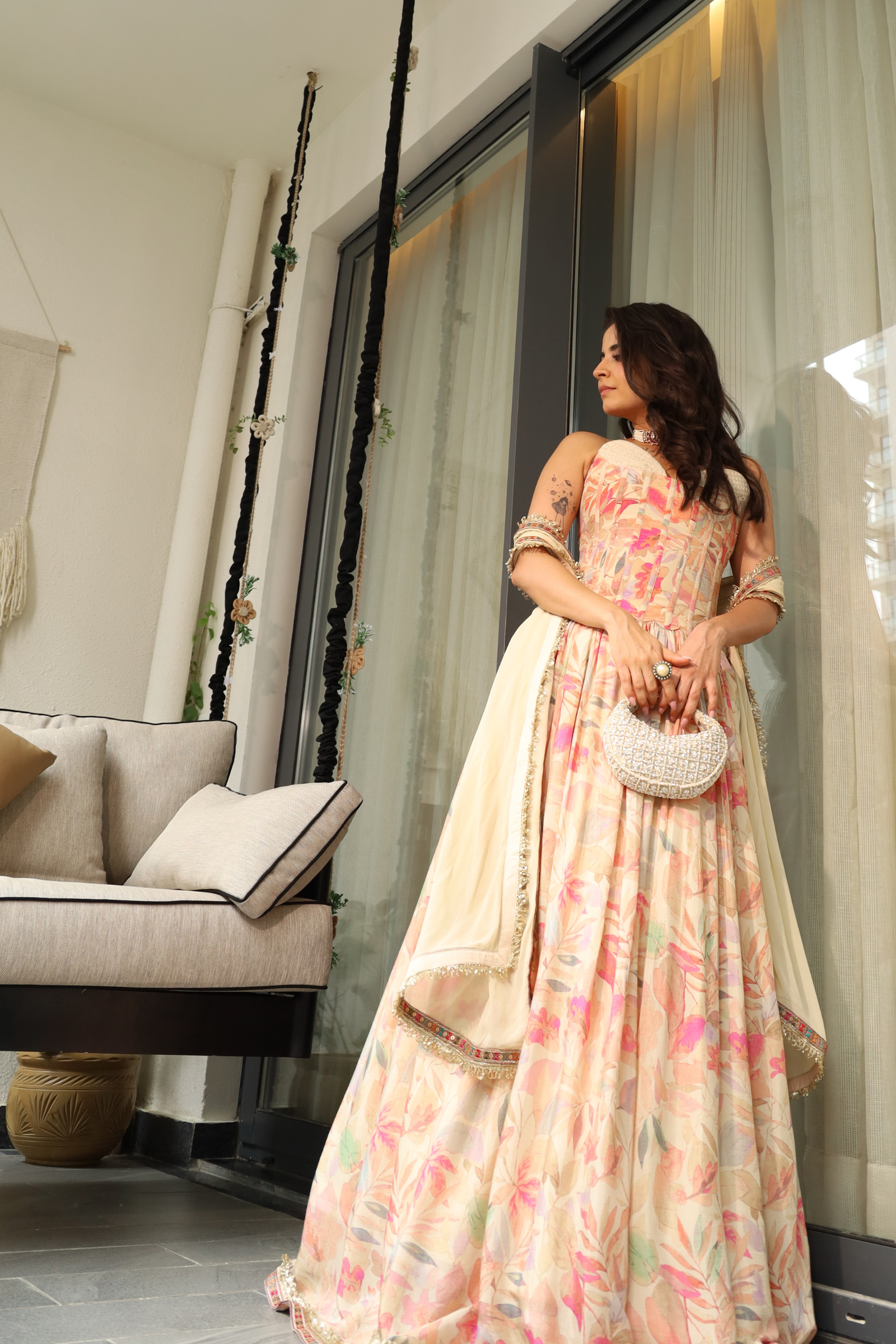 Jamila Ivory Sequinned Corset Muslin Lehenga Set
