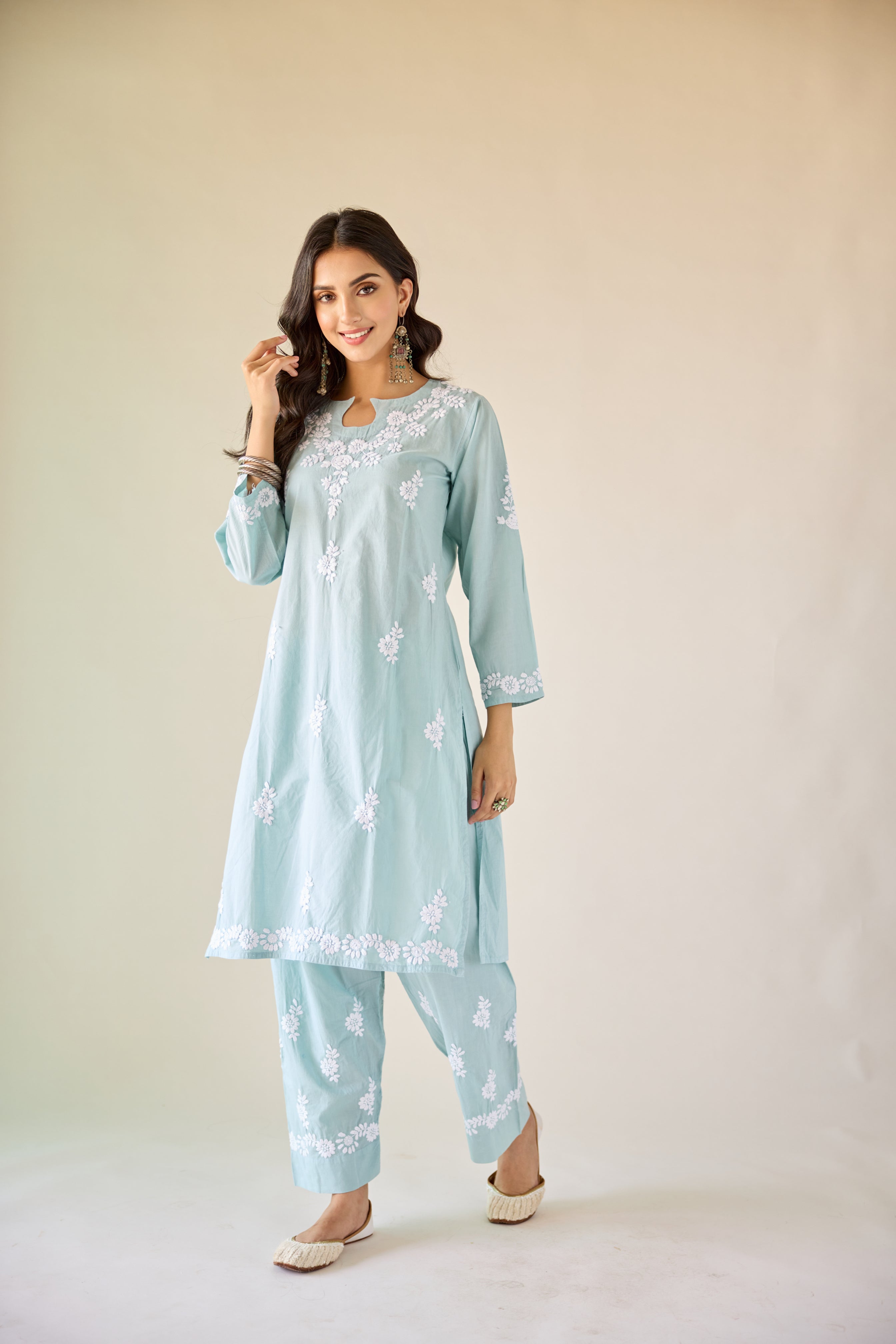 Ireo Green Cotton Hand Embroidered Chikankari Kurta & Pant Set