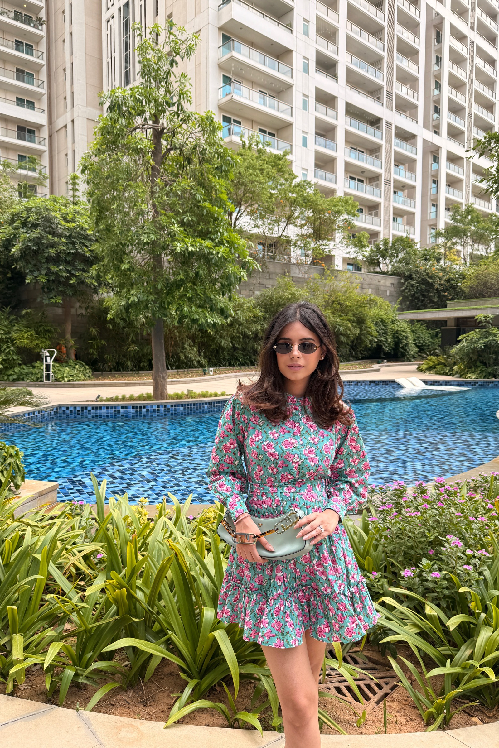 Ariel Green & Pink Printed Cotton Collared Dress