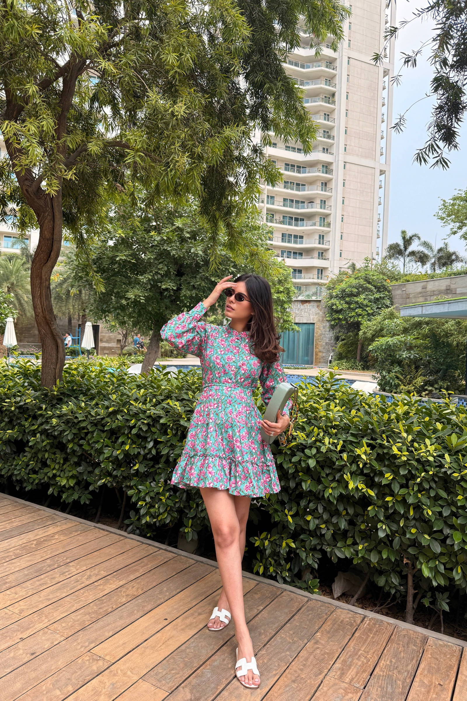 Ariel Green & Pink Printed Cotton Collared Dress