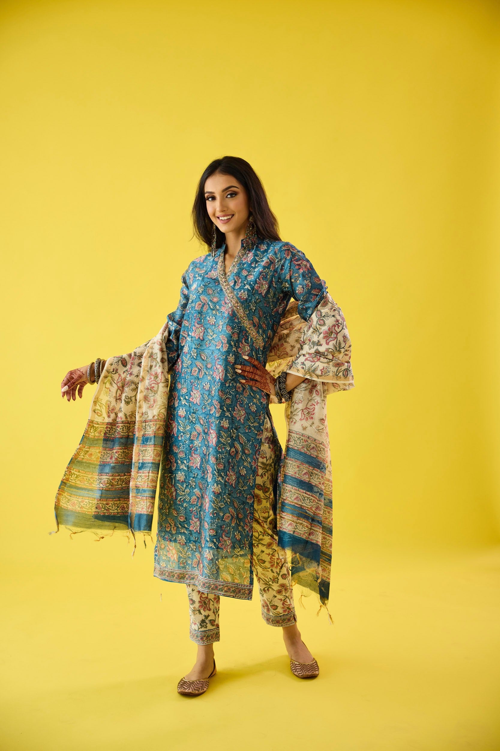 Roohani Blue & White Chanderi Hand Embroidered Kurta Set