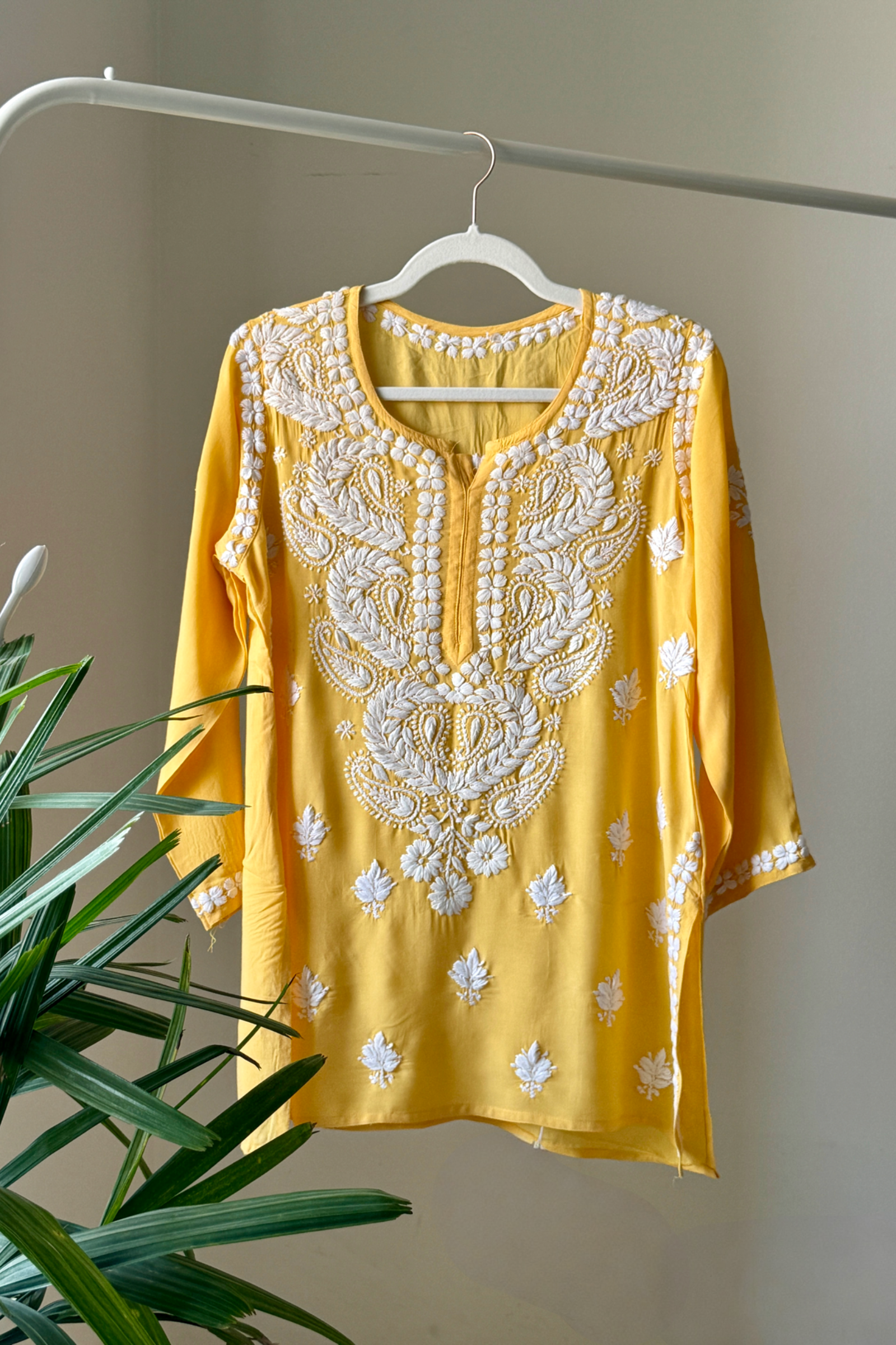 Wahida Yellow Modal Hand Embroidered Short Chikankari Kurti