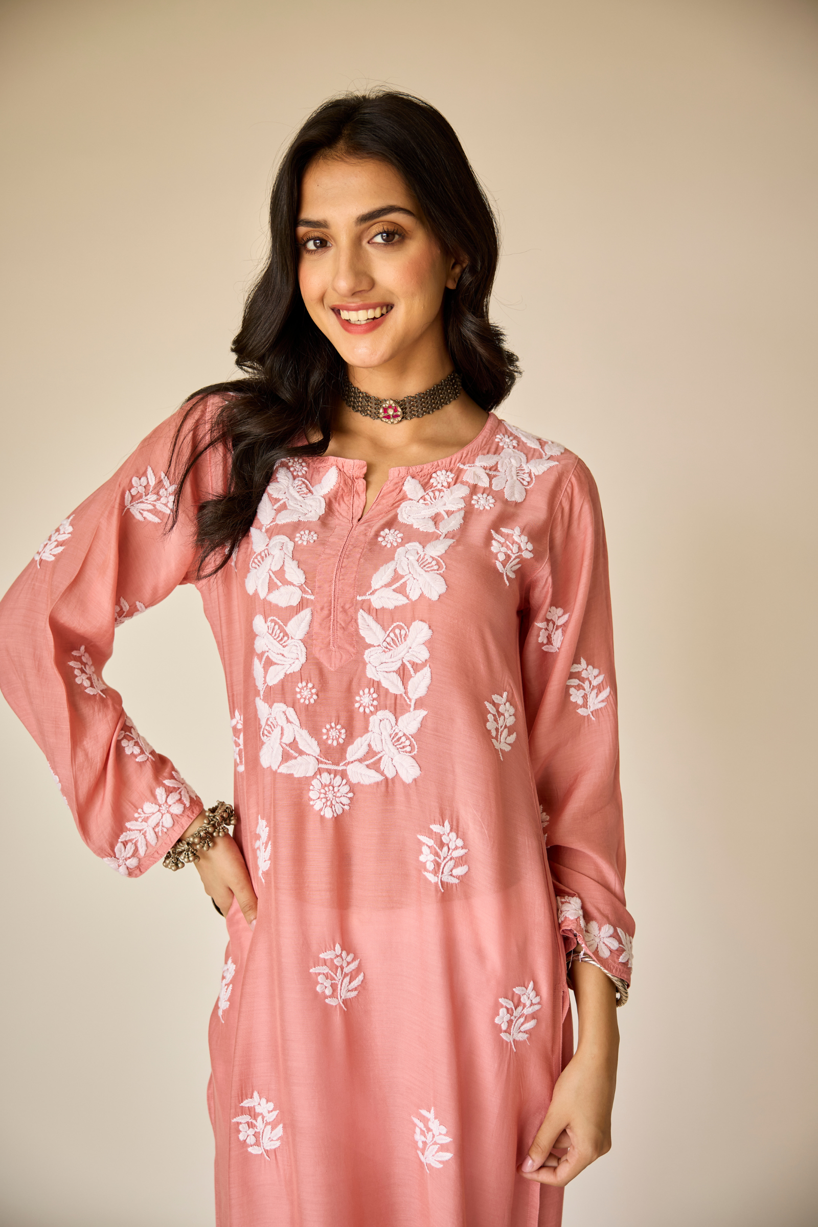 Sumaiya Rust Pink Muslin Hand Embroidered Chikankari Kurta